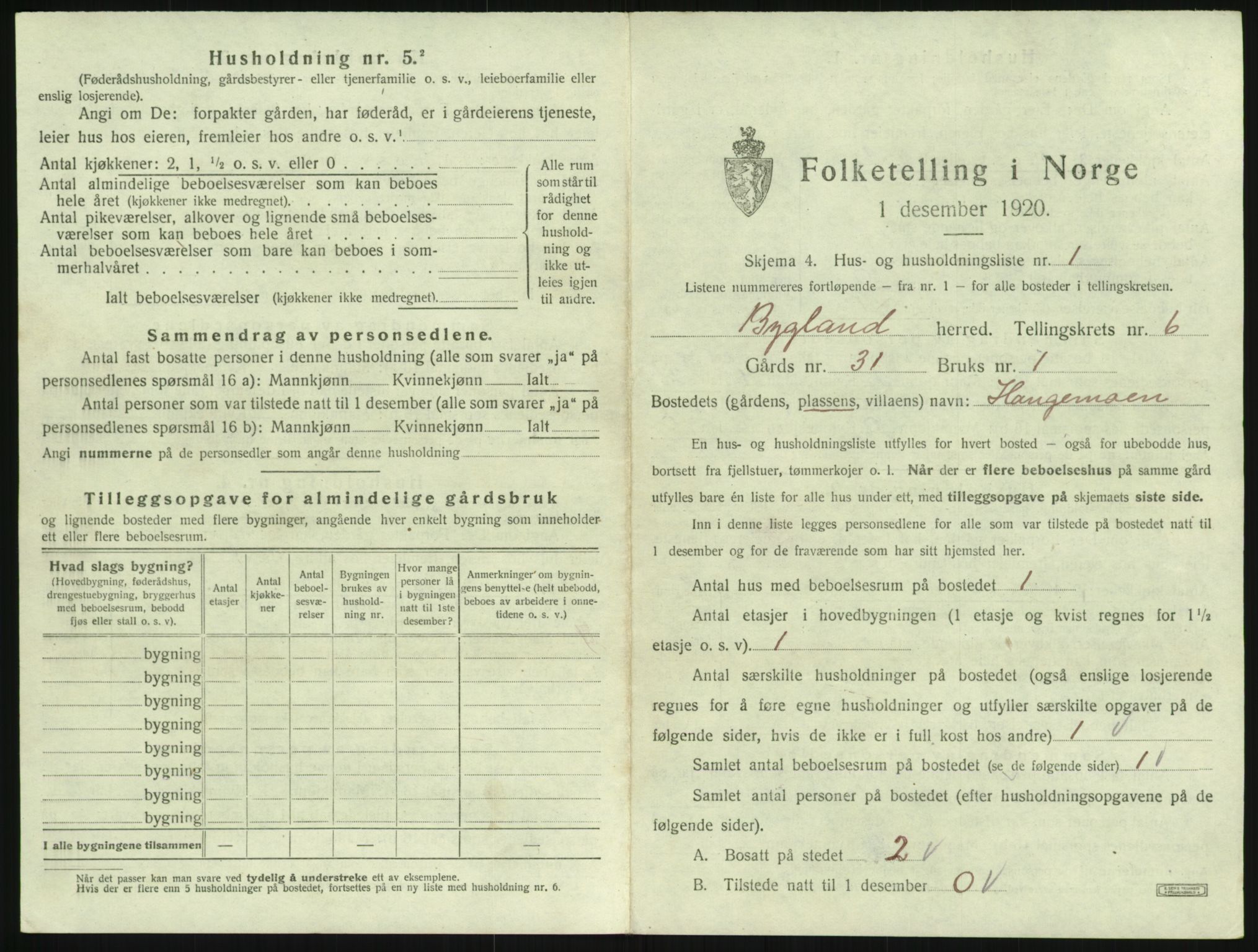 SAK, 1920 census for Bygland, 1920, p. 281