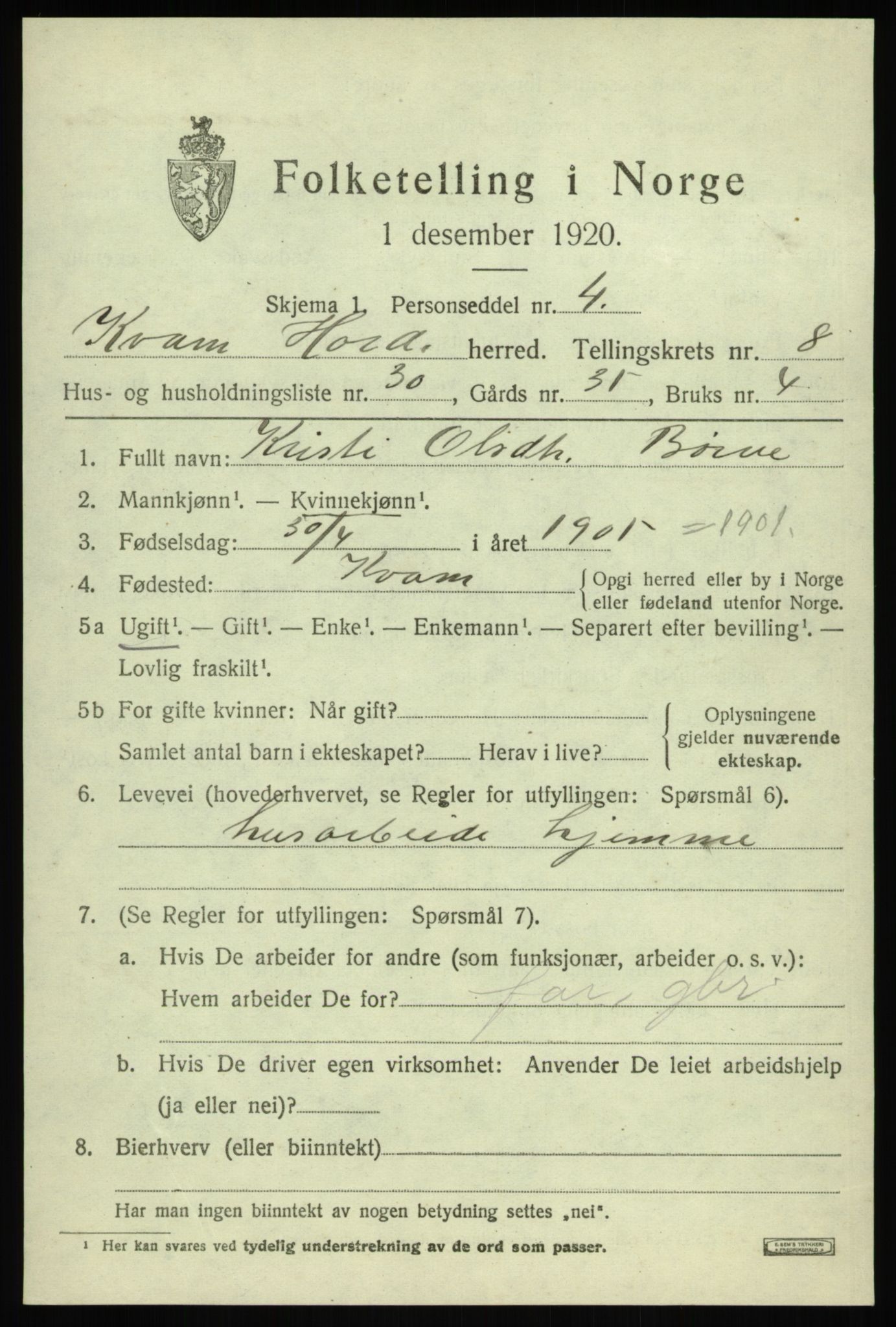 SAB, 1920 census for Kvam, 1920, p. 5427