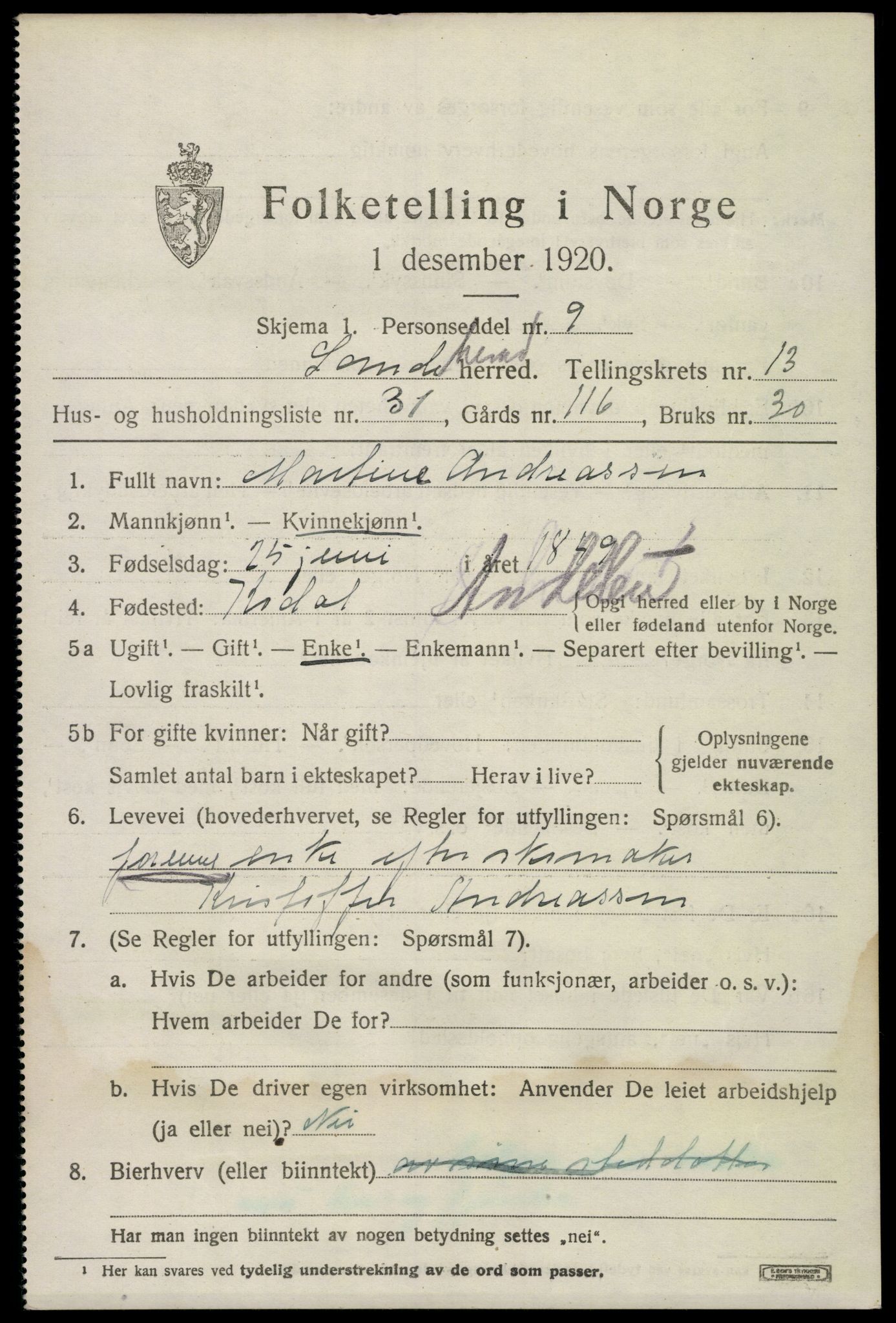 SAKO, 1920 census for Sandeherred, 1920, p. 19640