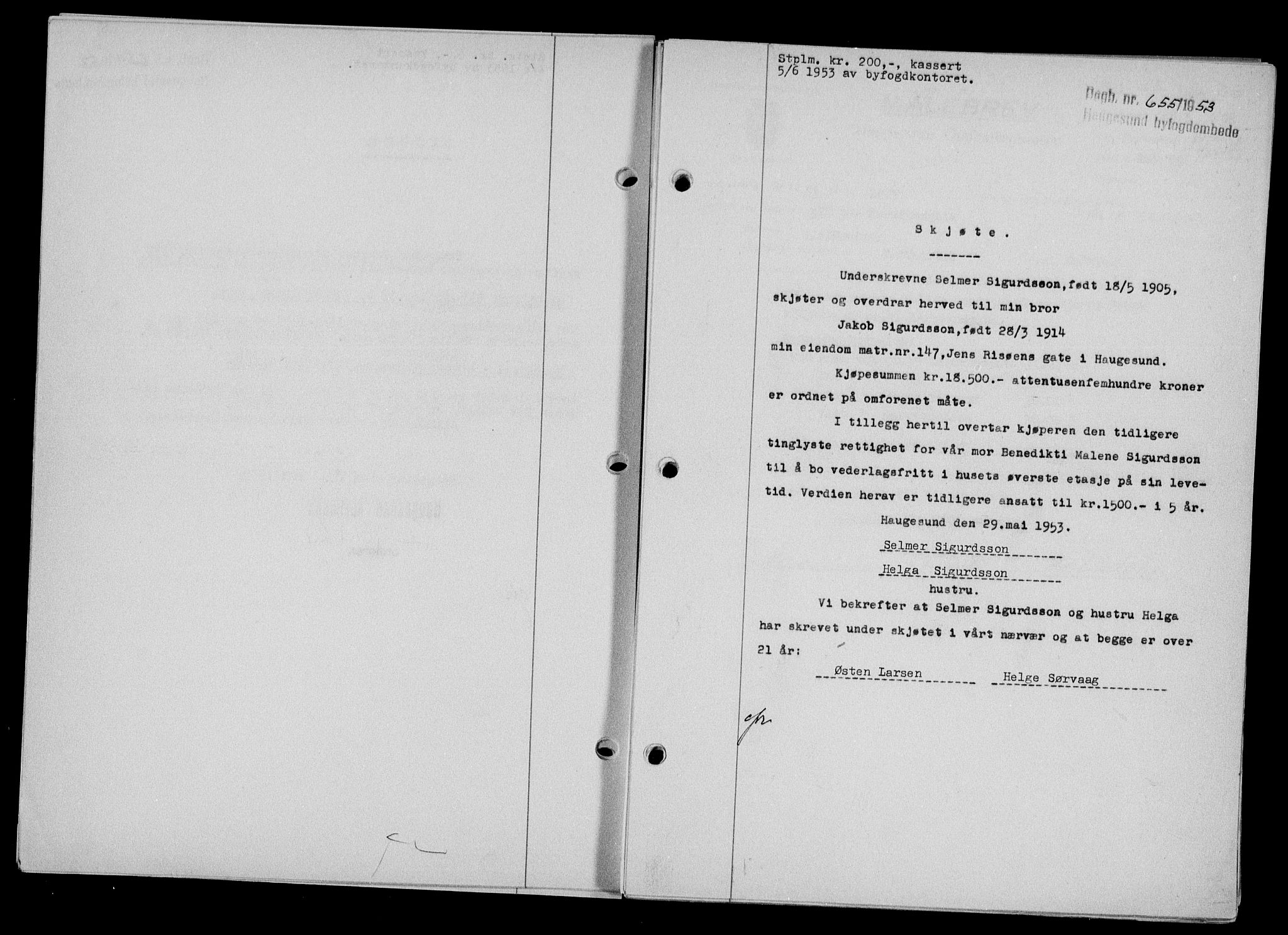 Haugesund tingrett, AV/SAST-A-101415/01/II/IIC/L0065: Mortgage book no. A 6, 1951-1953, Diary no: : 655/1953