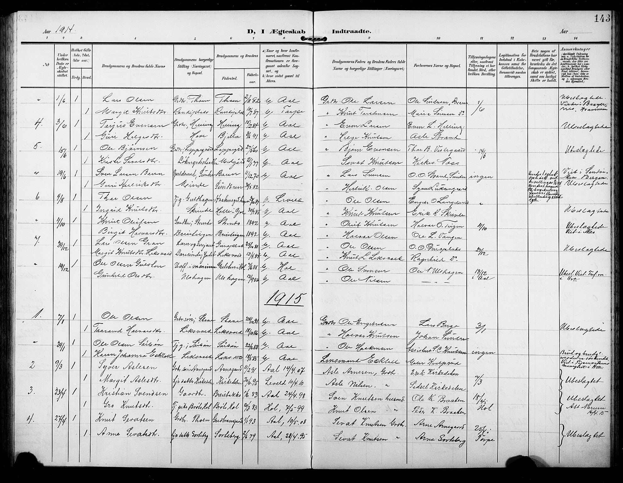 Ål kirkebøker, AV/SAKO-A-249/G/Ga/L0002: Parish register (copy) no. 2, 1904-1928, p. 143