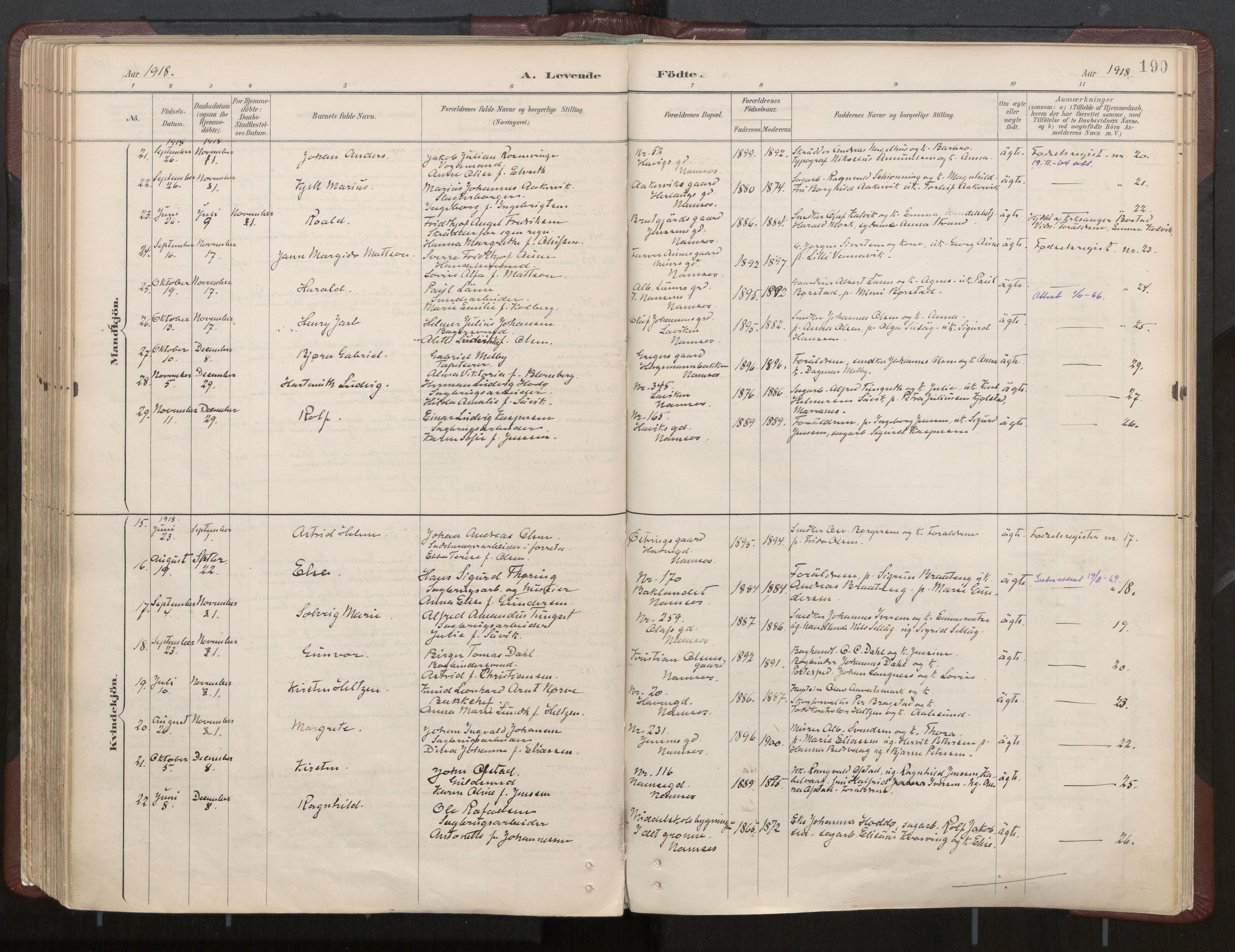 Ministerialprotokoller, klokkerbøker og fødselsregistre - Nord-Trøndelag, AV/SAT-A-1458/768/L0574: Parish register (official) no. 768A08, 1887-1927, p. 190