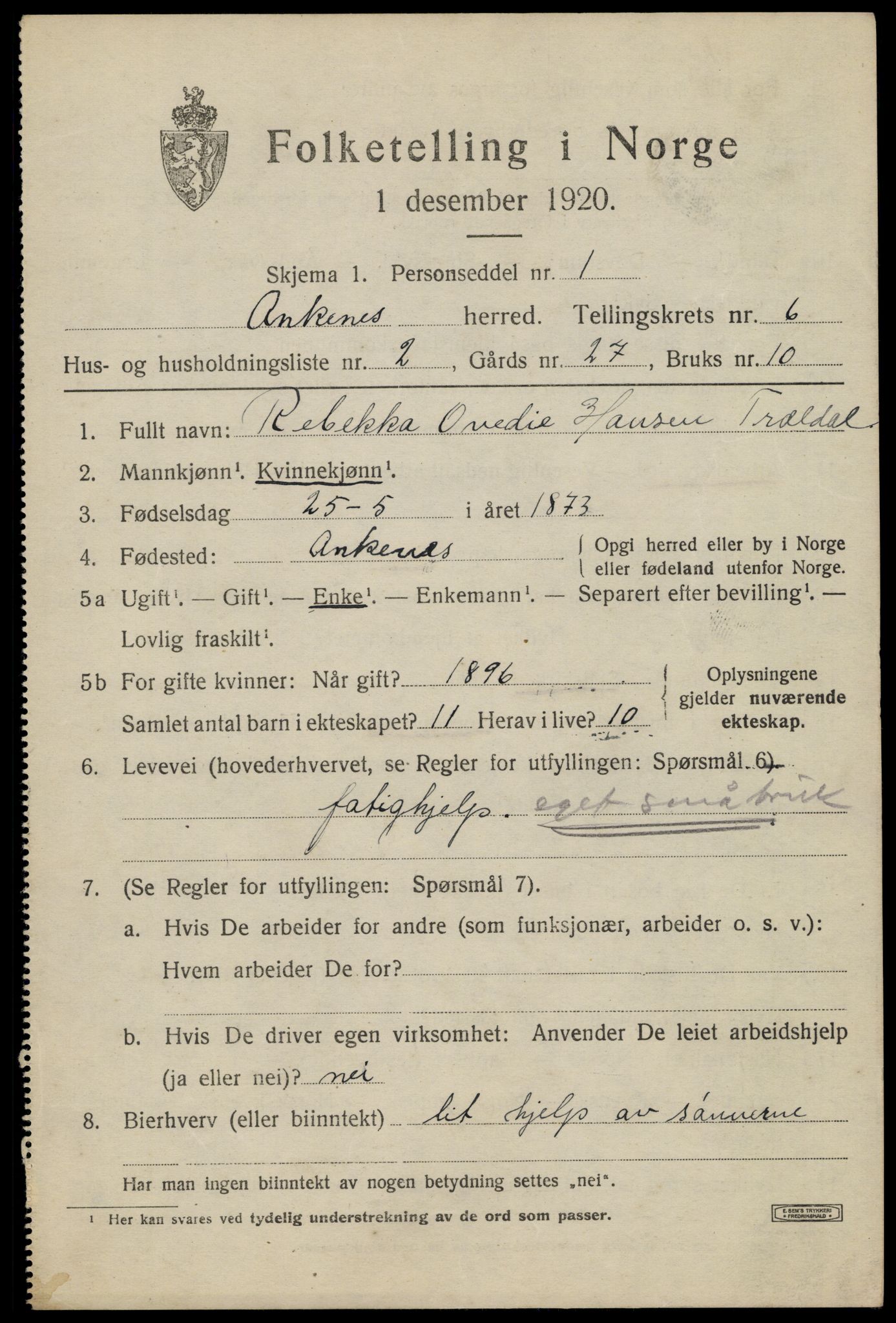 SAT, 1920 census for Ankenes, 1920, p. 3459