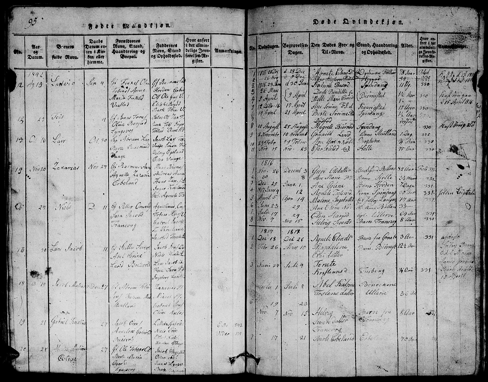 Herad sokneprestkontor, AV/SAK-1111-0018/F/Fb/Fbb/L0001: Parish register (copy) no. B 1, 1815-1852, p. 95