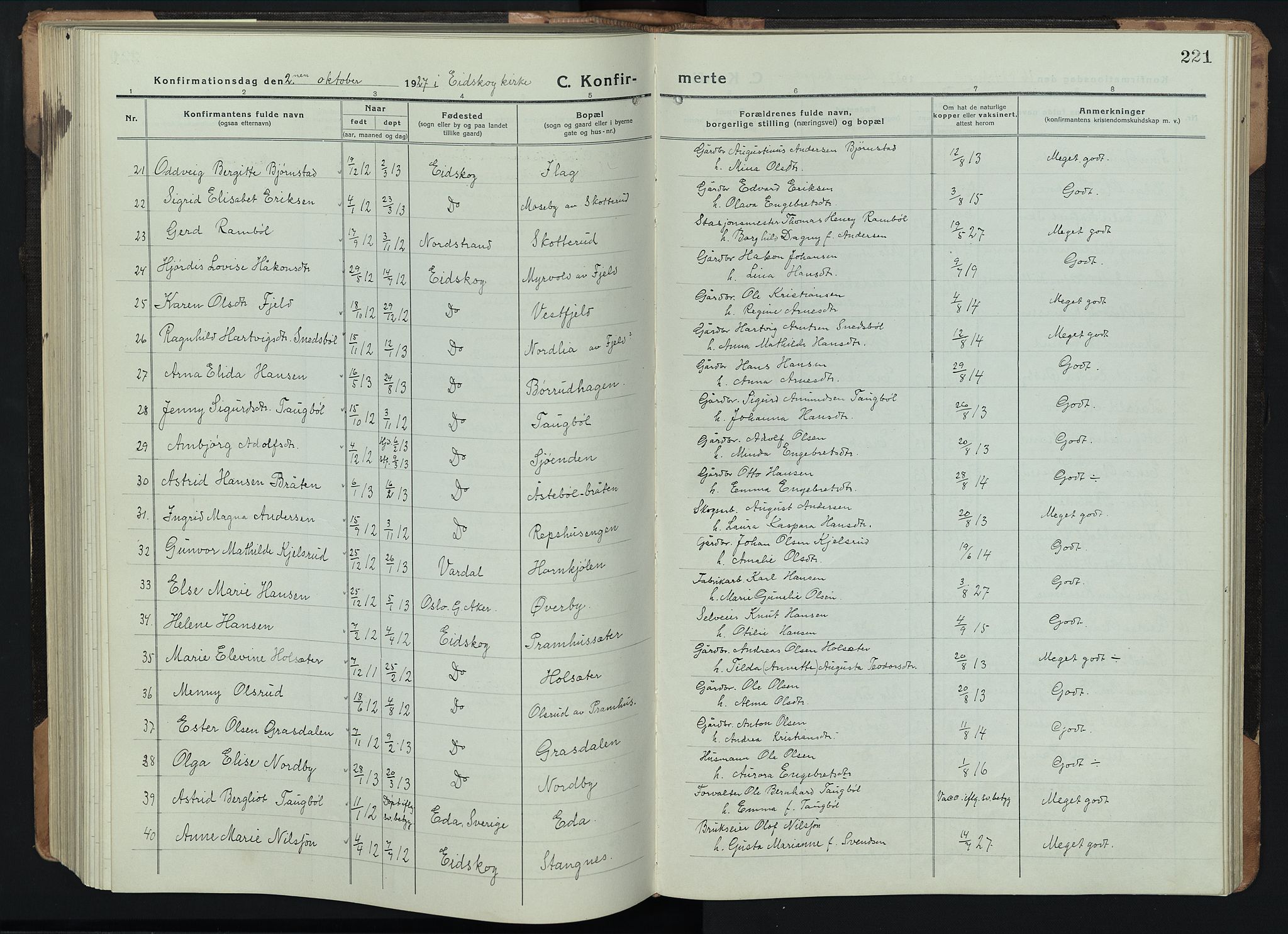 Eidskog prestekontor, SAH/PREST-026/H/Ha/Hab/L0005: Parish register (copy) no. 5, 1916-1946, p. 221