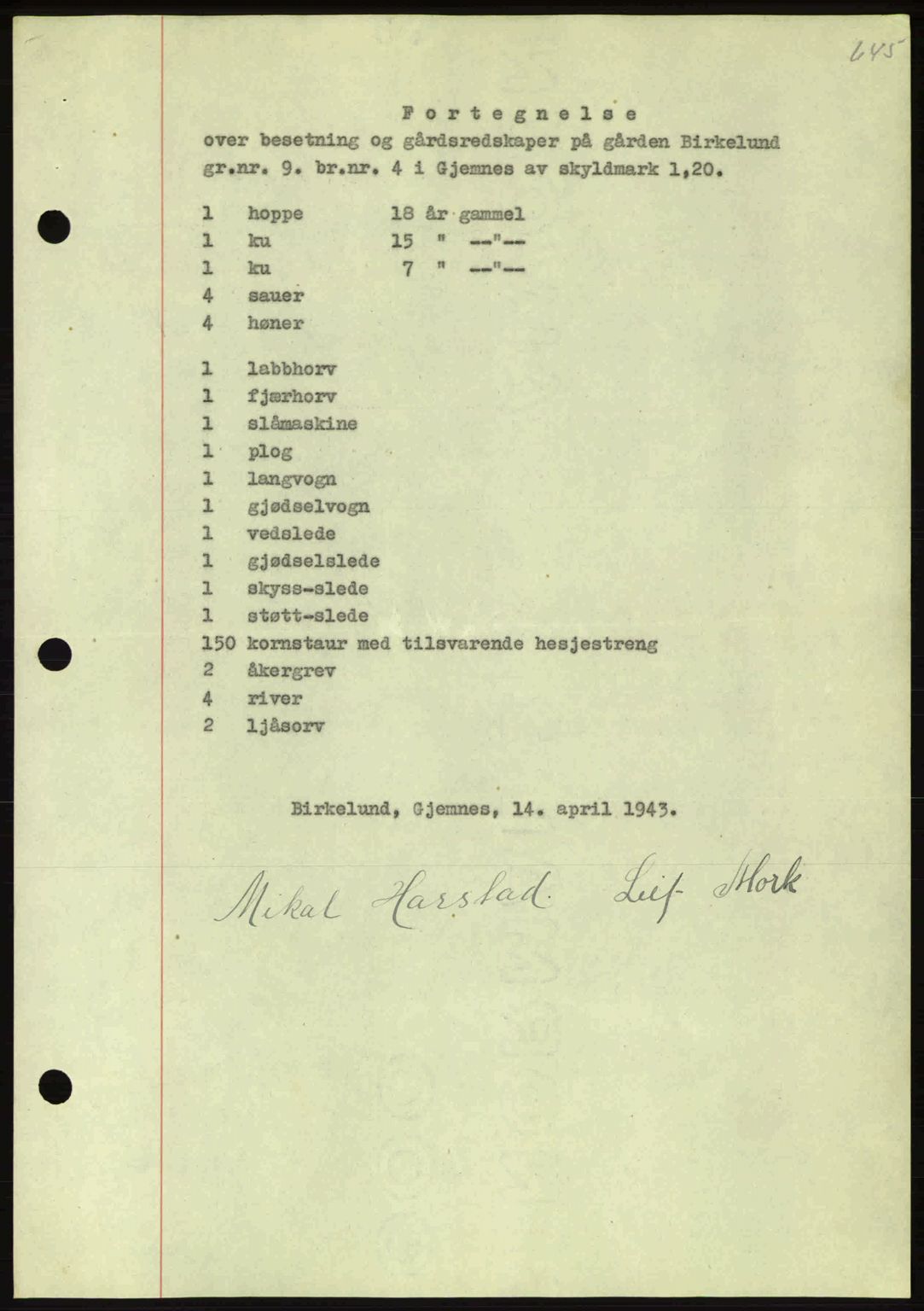 Nordmøre sorenskriveri, AV/SAT-A-4132/1/2/2Ca: Mortgage book no. B91, 1943-1944, Diary no: : 419/1944