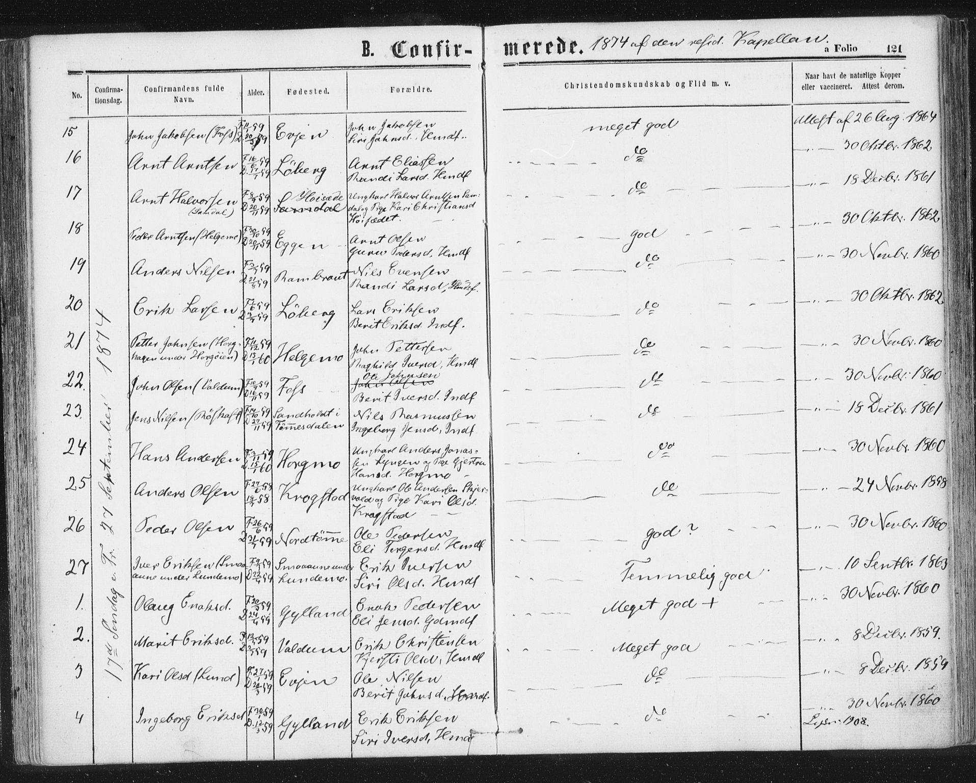 Ministerialprotokoller, klokkerbøker og fødselsregistre - Sør-Trøndelag, SAT/A-1456/692/L1104: Parish register (official) no. 692A04, 1862-1878, p. 121