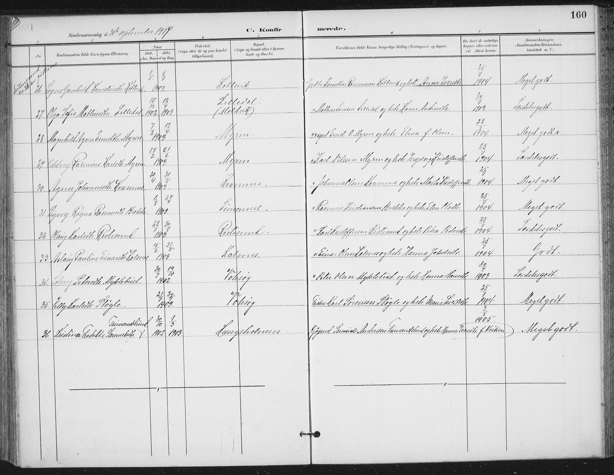 Ministerialprotokoller, klokkerbøker og fødselsregistre - Møre og Romsdal, AV/SAT-A-1454/503/L0038: Parish register (official) no. 503A06, 1901-1917, p. 160