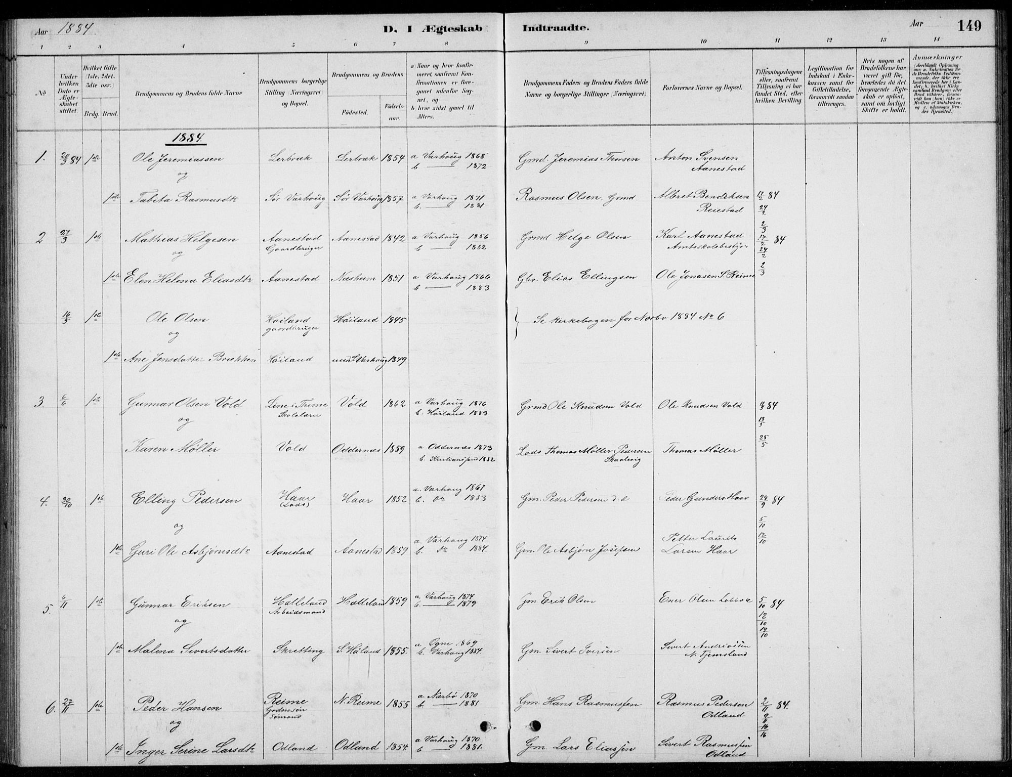 Hå sokneprestkontor, AV/SAST-A-101801/001/30BB/L0004: Parish register (copy) no. B 4, 1883-1899, p. 149