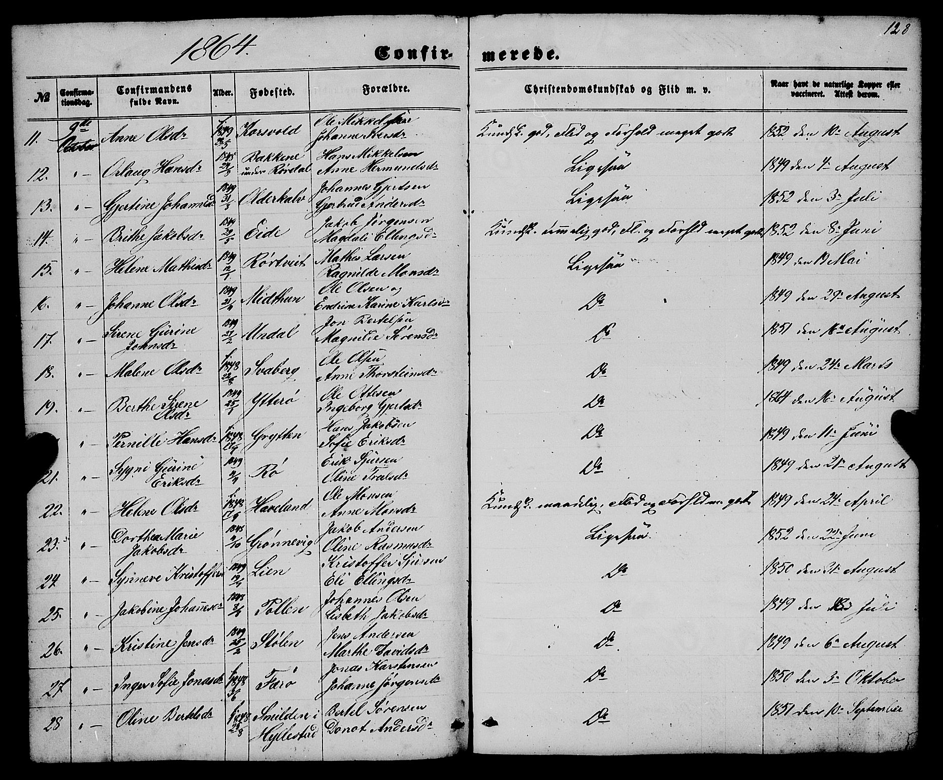 Gulen sokneprestembete, AV/SAB-A-80201/H/Haa/Haaa/L0022: Parish register (official) no. A 22, 1859-1869, p. 128