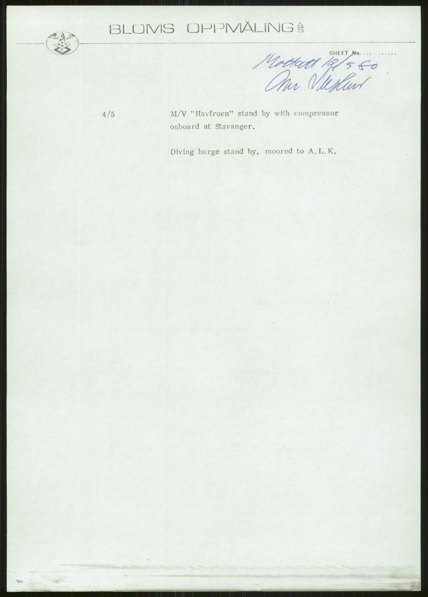 Justisdepartementet, Granskningskommisjonen ved Alexander Kielland-ulykken 27.3.1980, AV/RA-S-1165/D/L0006: A Alexander L. Kielland (Doku.liste + A3-A6, A11-A13, A18-A20-A21, A23, A31 av 31)/Dykkerjournaler, 1980-1981, p. 203