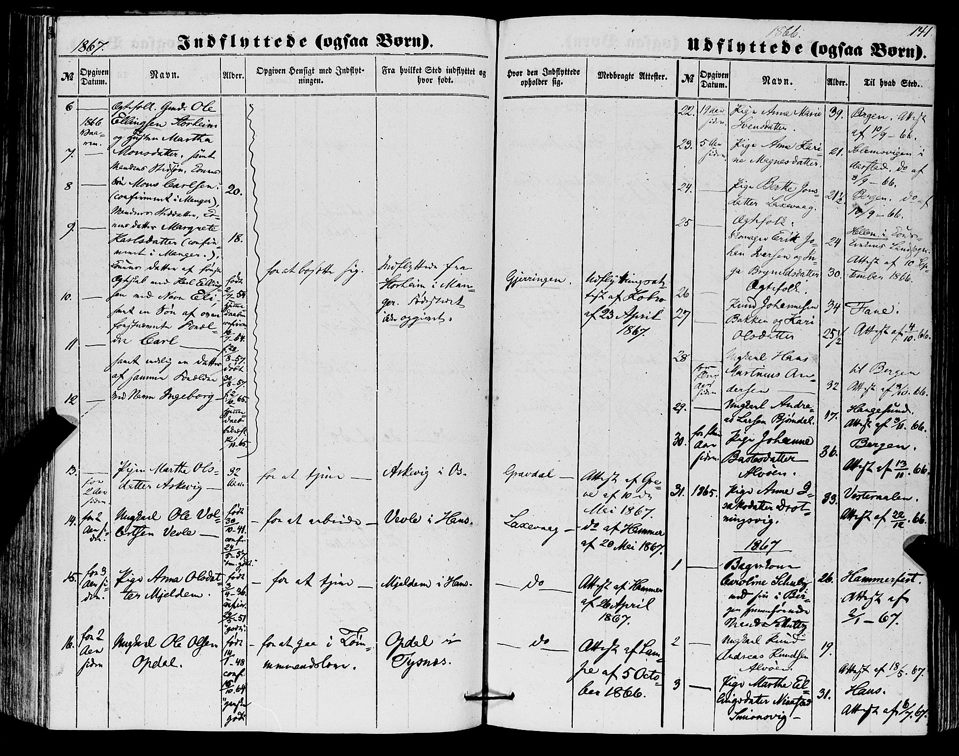 Askøy Sokneprestembete, SAB/A-74101/H/Ha/Haa/Haaa/L0012: Parish register (official) no. A 12, 1855-1877, p. 141
