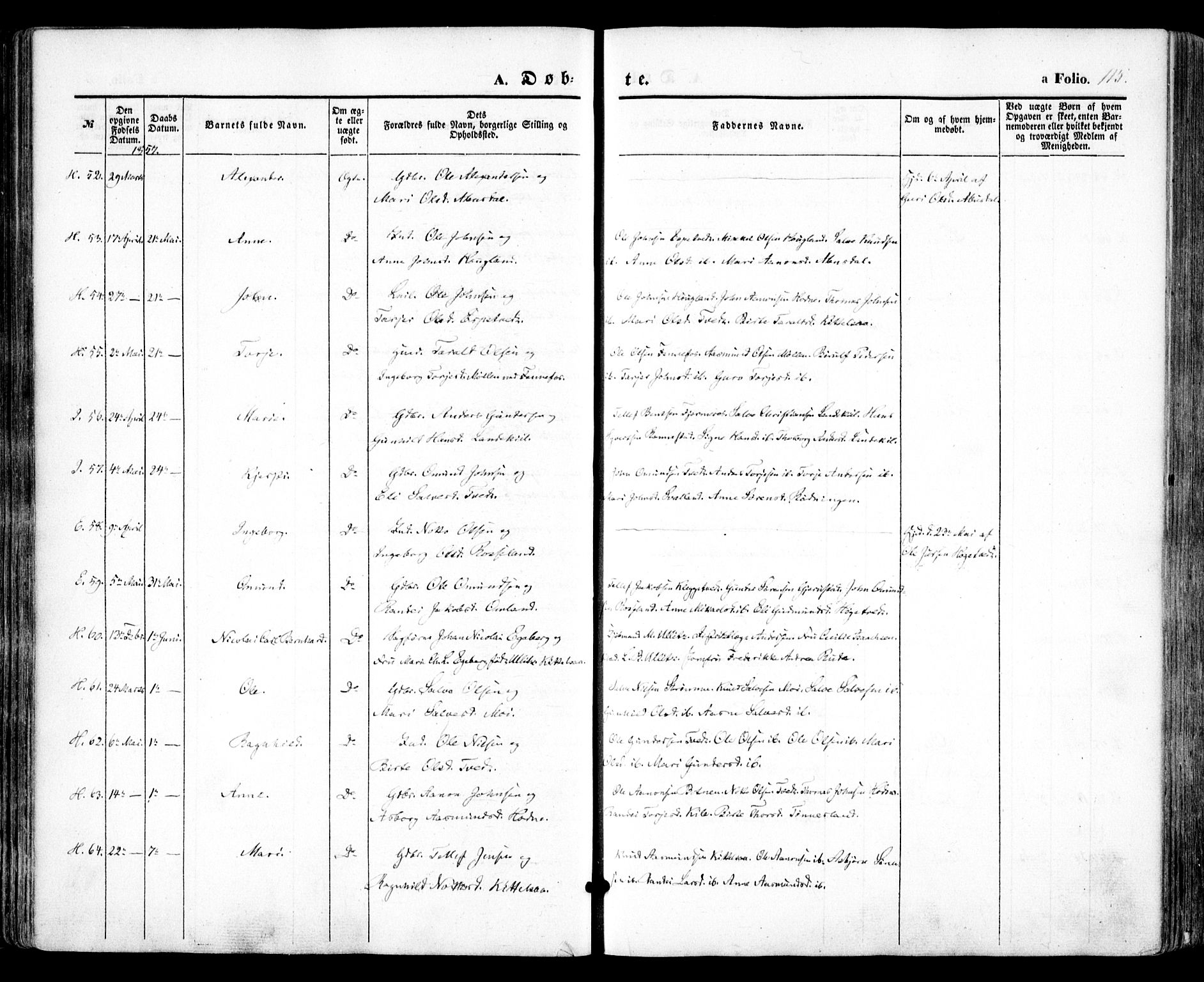 Evje sokneprestkontor, AV/SAK-1111-0008/F/Fa/Faa/L0005: Parish register (official) no. A 5, 1843-1865, p. 115