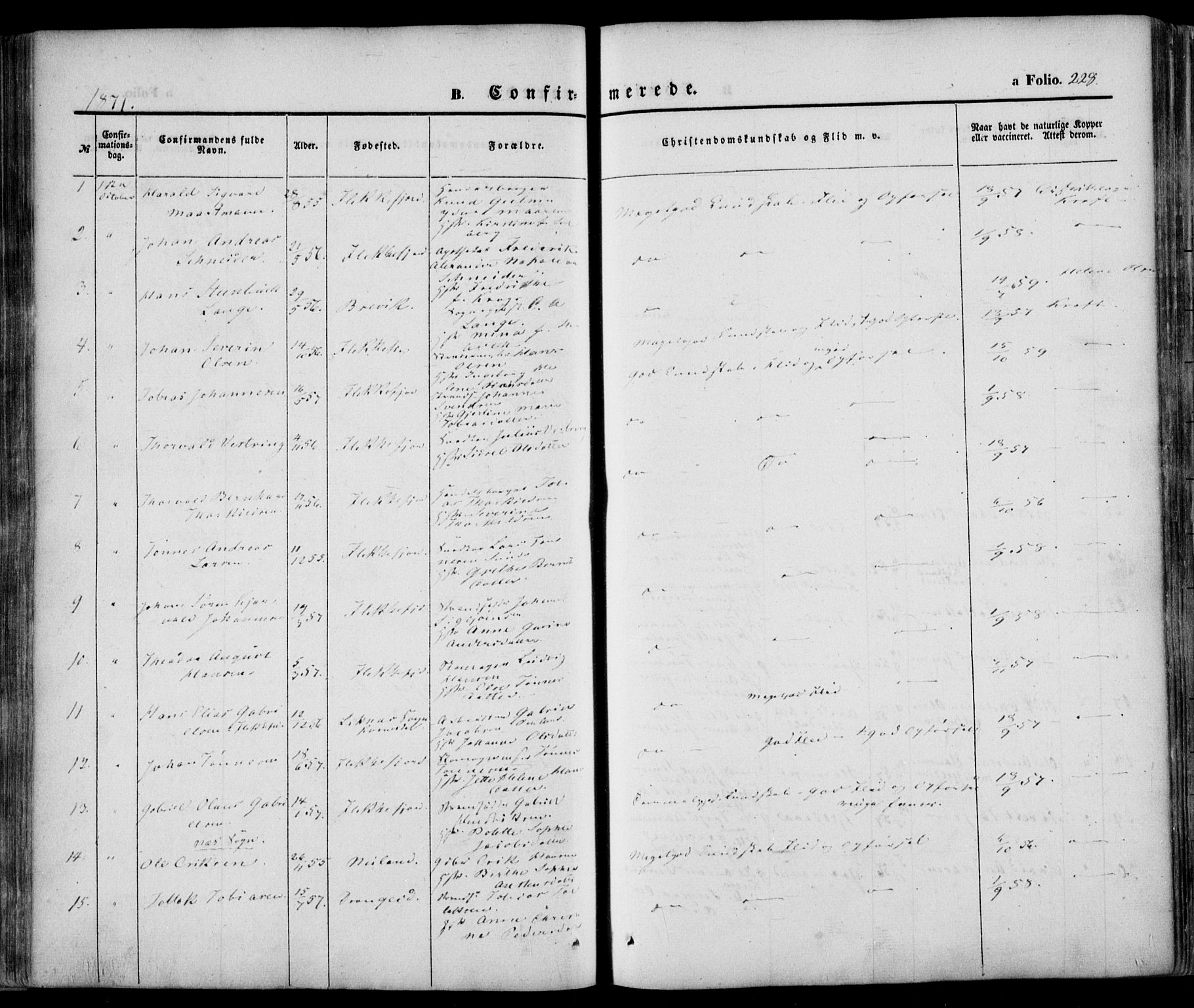 Flekkefjord sokneprestkontor, AV/SAK-1111-0012/F/Fa/Fac/L0005: Parish register (official) no. A 5, 1849-1875, p. 228