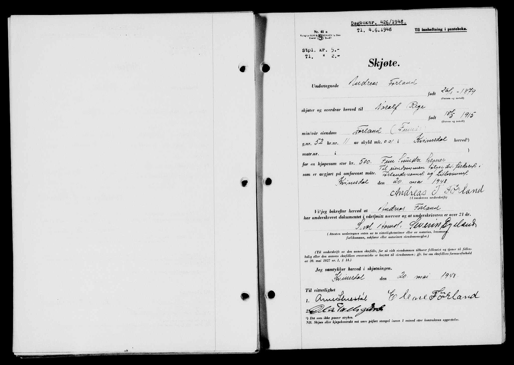 Flekkefjord sorenskriveri, SAK/1221-0001/G/Gb/Gba/L0063: Mortgage book no. A-11, 1947-1948, Diary no: : 426/1948