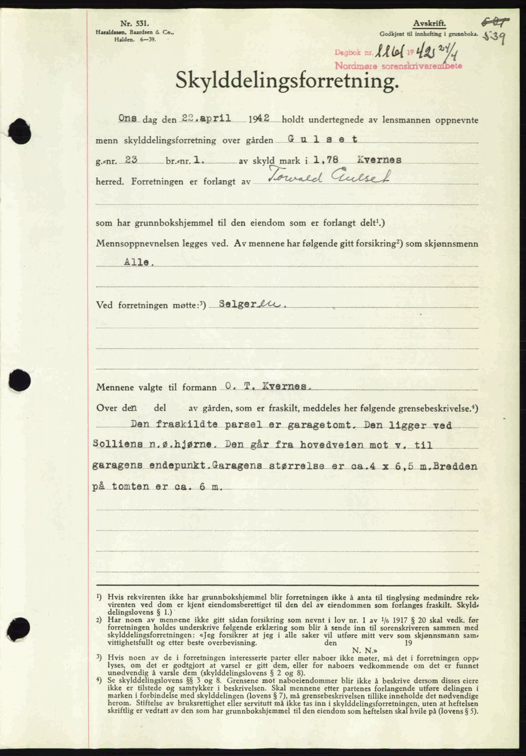 Nordmøre sorenskriveri, AV/SAT-A-4132/1/2/2Ca: Mortgage book no. A92, 1942-1942, Diary no: : 1161/1942