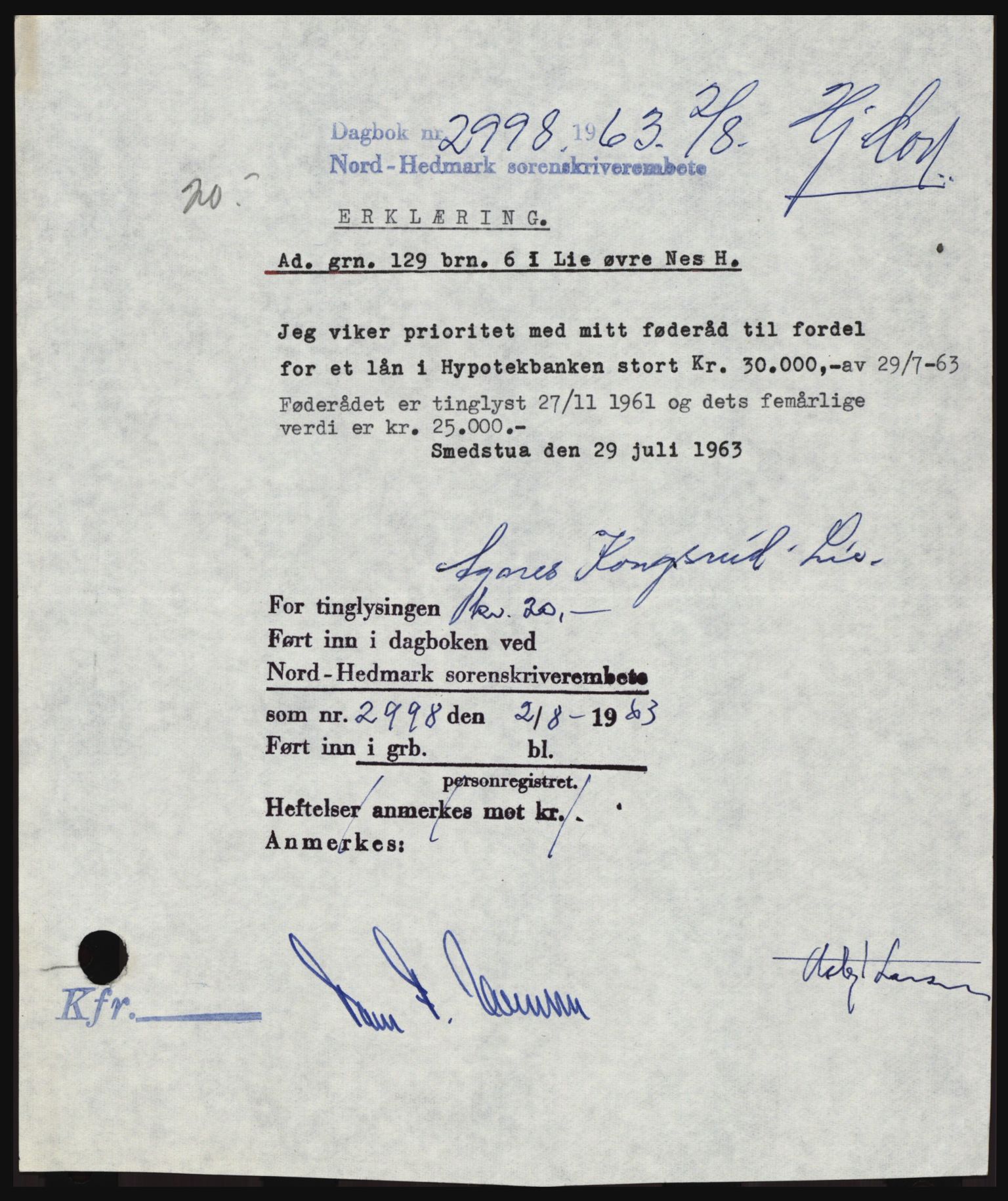 Nord-Hedmark sorenskriveri, SAH/TING-012/H/Hc/L0018: Mortgage book no. 18, 1963-1963, Diary no: : 2998/1963