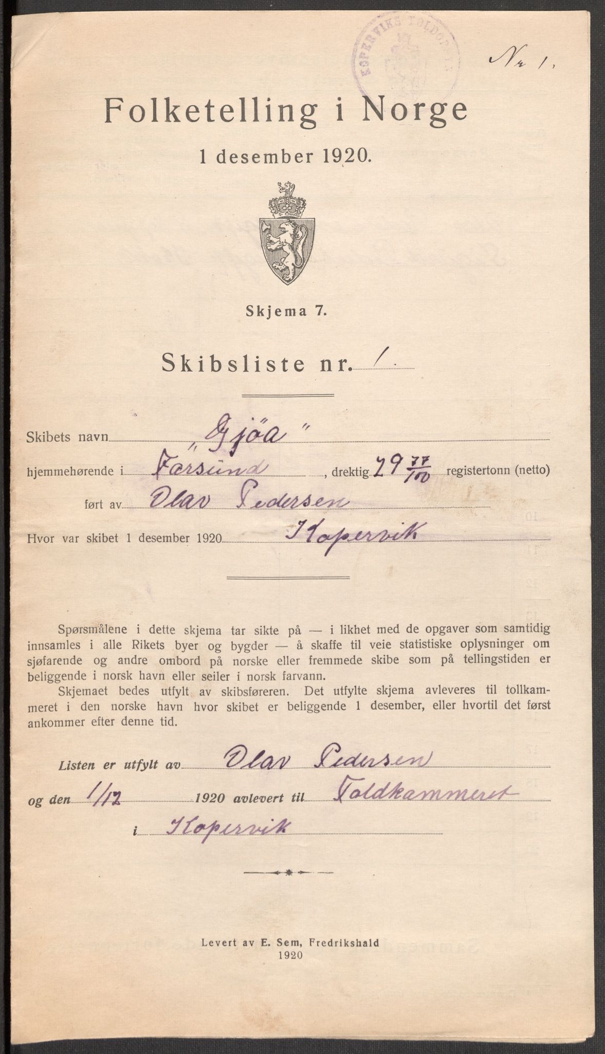 SAST, 1920 census for Kopervik, 1920, p. 4854