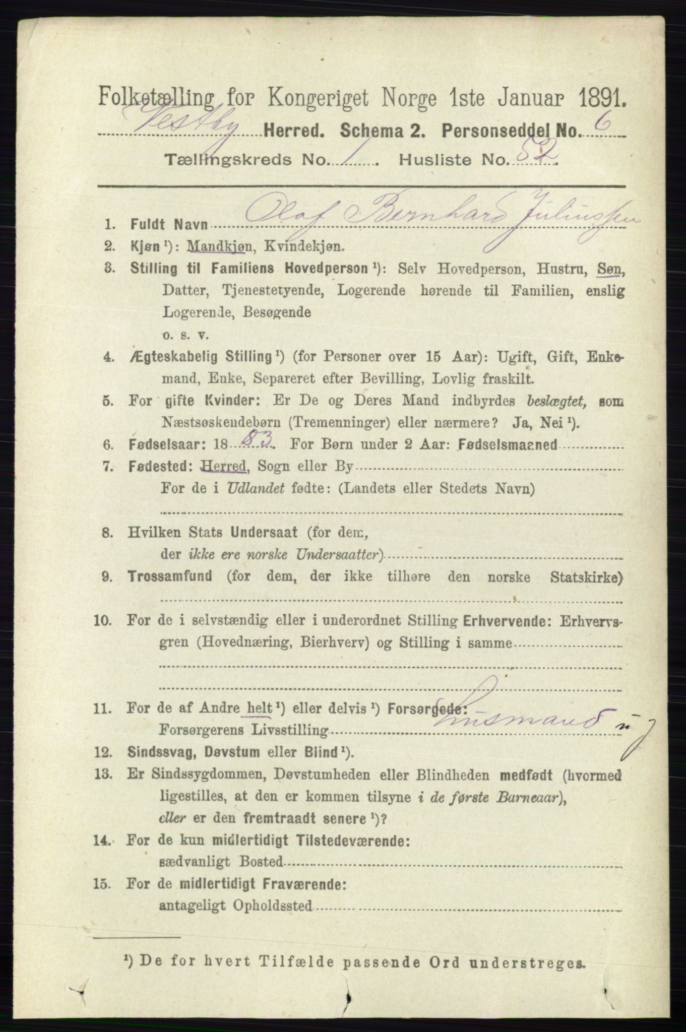 RA, 1891 census for 0211 Vestby, 1891, p. 344