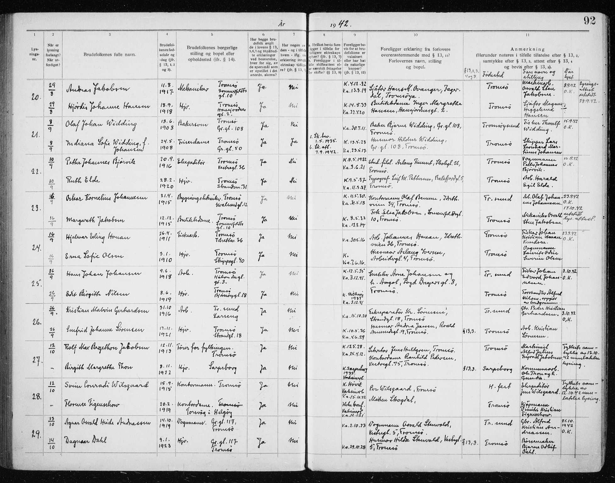 Tromsø sokneprestkontor/stiftsprosti/domprosti, AV/SATØ-S-1343/H/Hc/L0101: Banns register no. 101, 1933-1943, p. 92