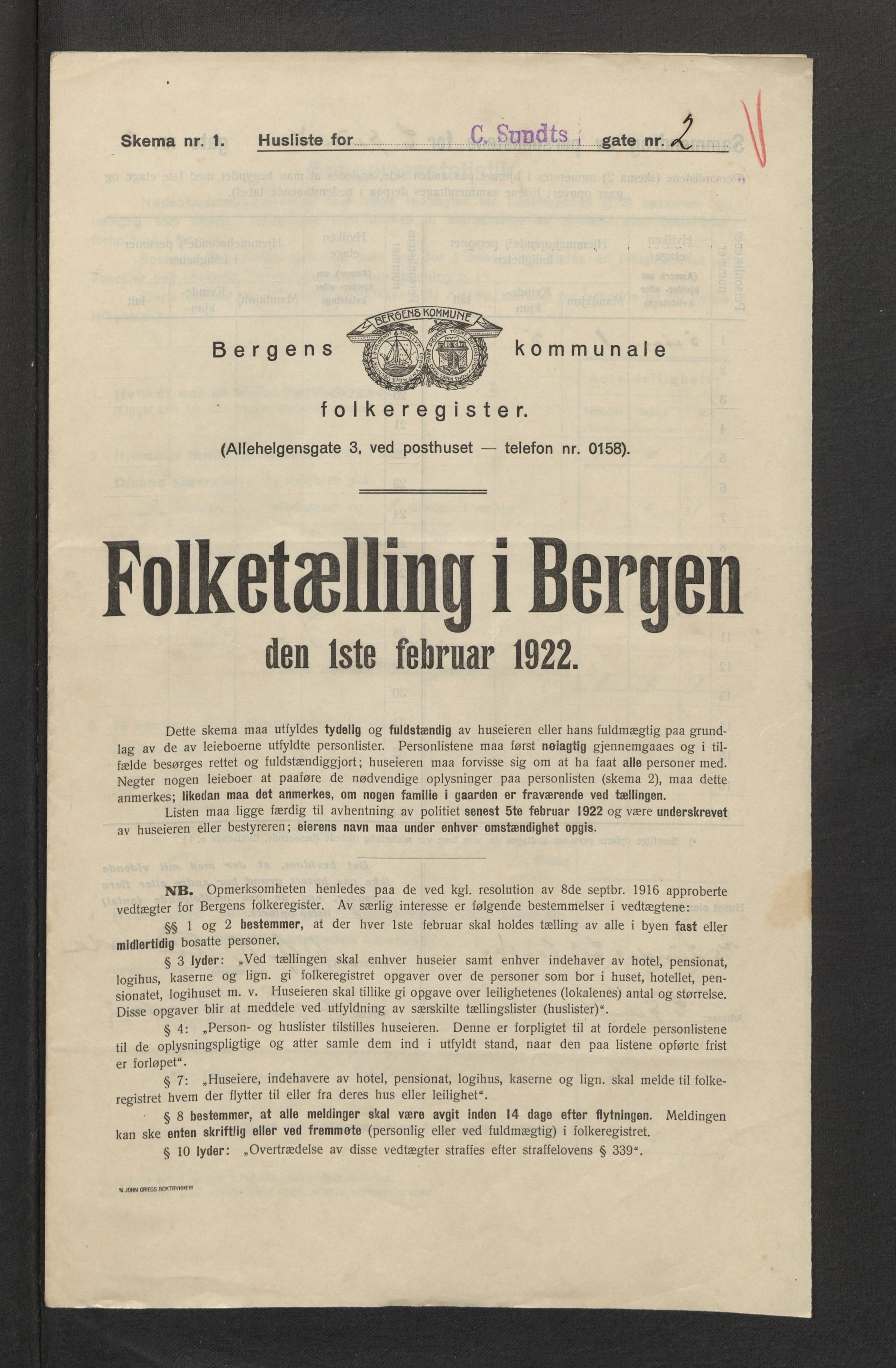 SAB, Municipal Census 1922 for Bergen, 1922, p. 5339