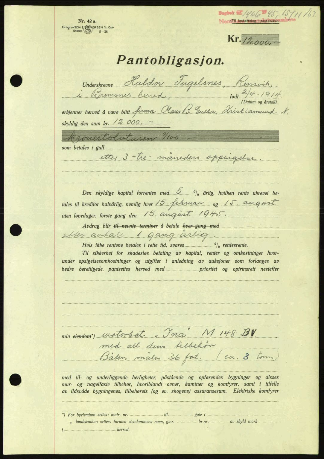 Nordmøre sorenskriveri, AV/SAT-A-4132/1/2/2Ca: Mortgage book no. B93a, 1945-1945, Diary no: : 1466/1945