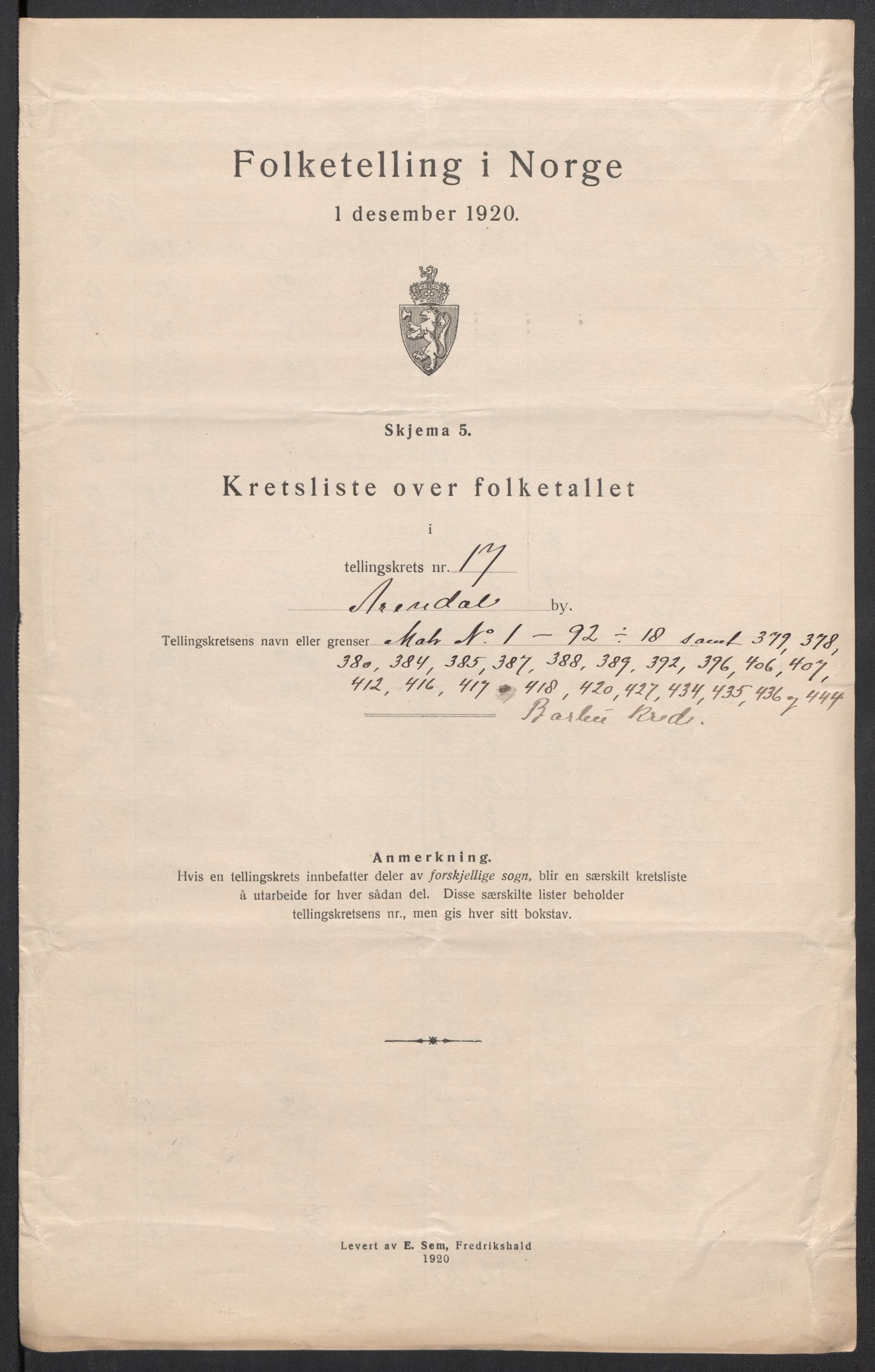 SAK, 1920 census for Arendal, 1920, p. 56