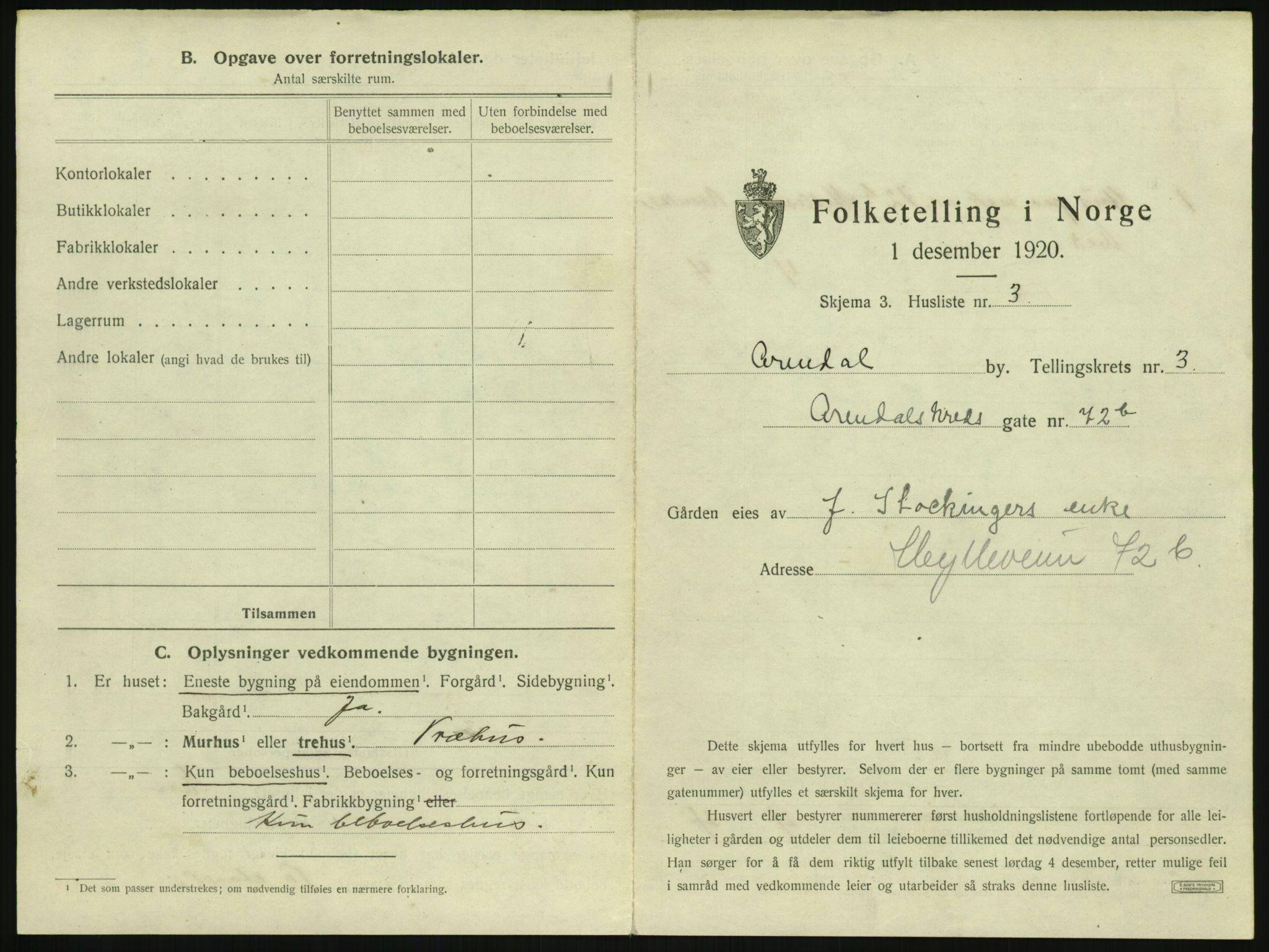 SAK, 1920 census for Arendal, 1920, p. 330