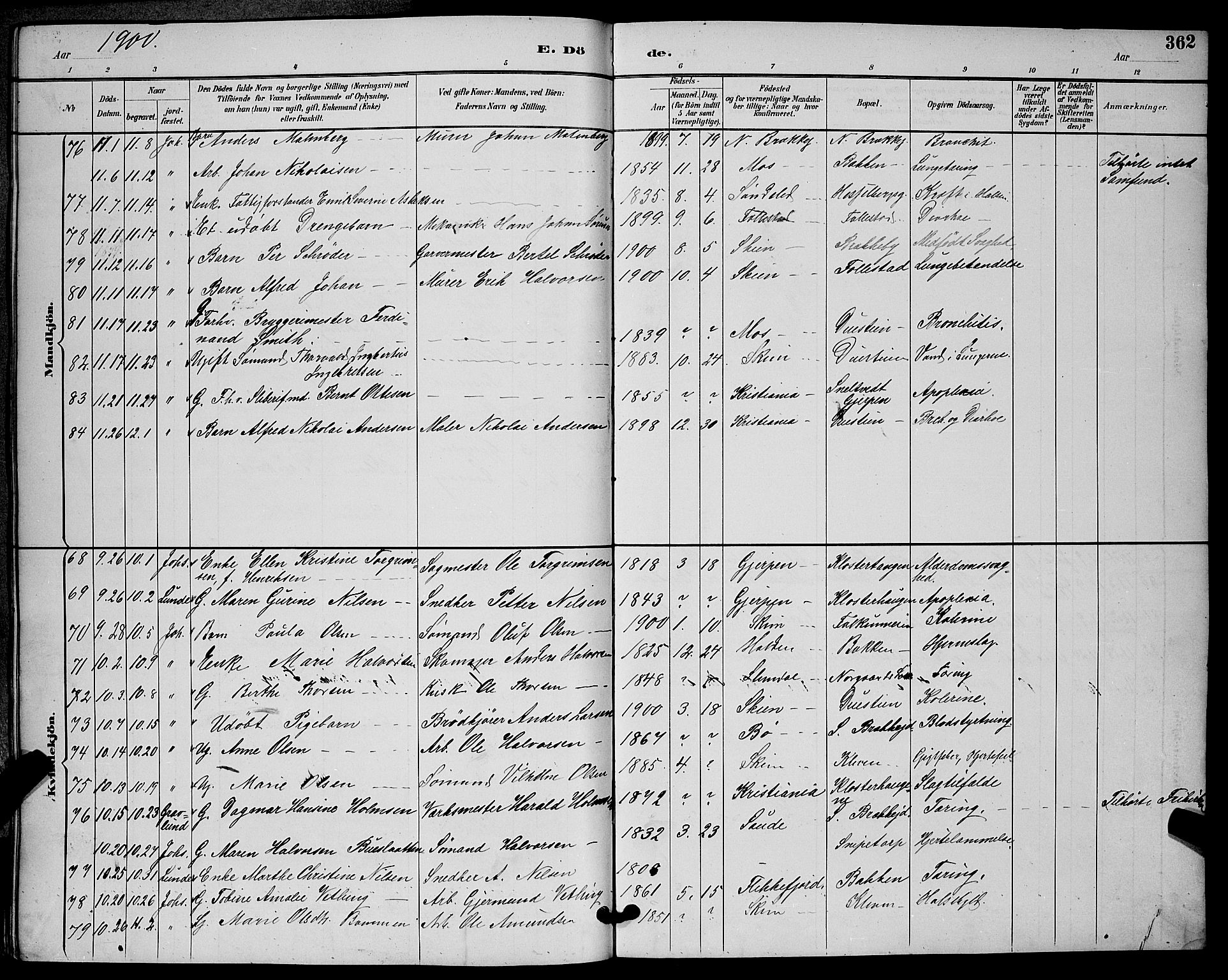 Skien kirkebøker, AV/SAKO-A-302/G/Ga/L0007: Parish register (copy) no. 7, 1891-1900, p. 362