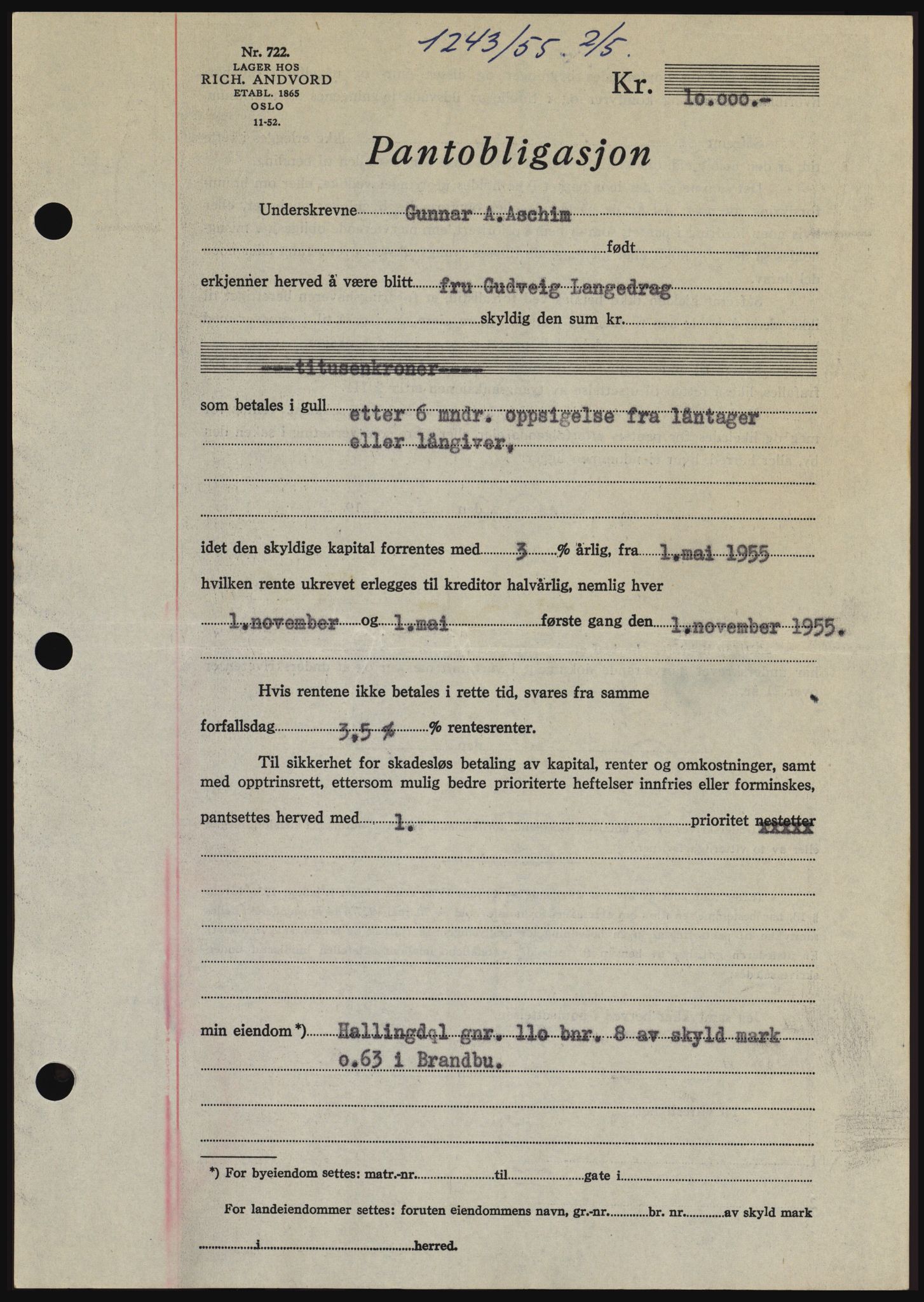 Hadeland og Land tingrett, SAH/TING-010/H/Hb/Hbc/L0032: Mortgage book no. B32, 1955-1955, Diary no: : 1243/1955