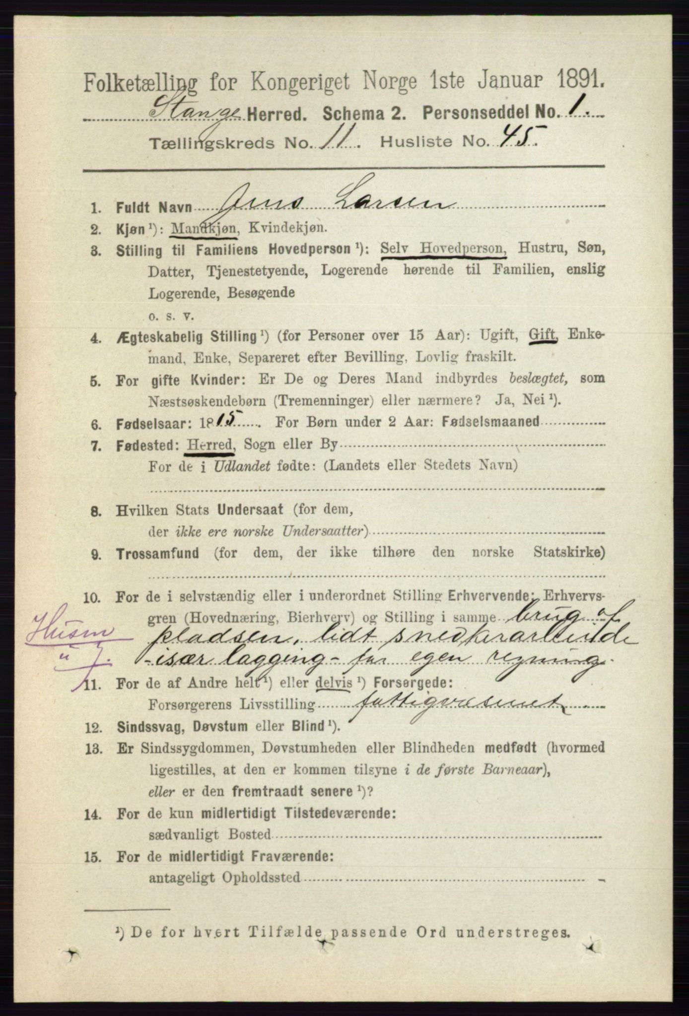 RA, 1891 census for 0417 Stange, 1891, p. 7737