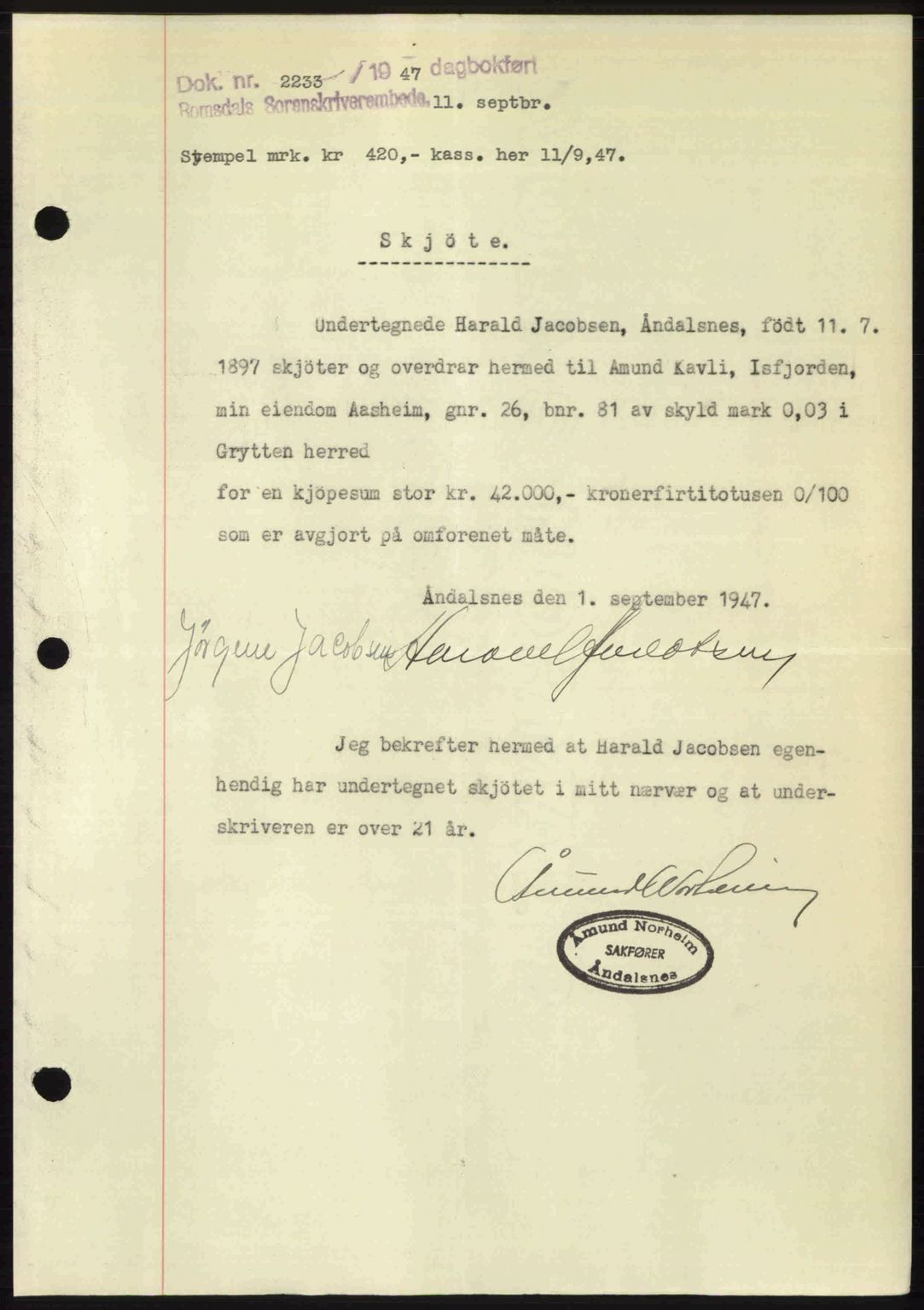 Romsdal sorenskriveri, SAT/A-4149/1/2/2C: Mortgage book no. A24, 1947-1947, Diary no: : 2233/1947