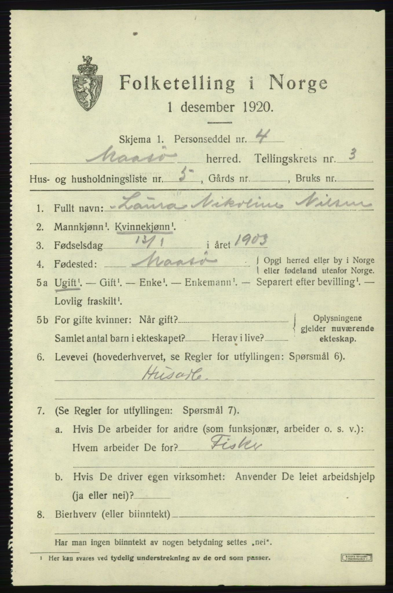 SATØ, 1920 census for Måsøy, 1920, p. 1616