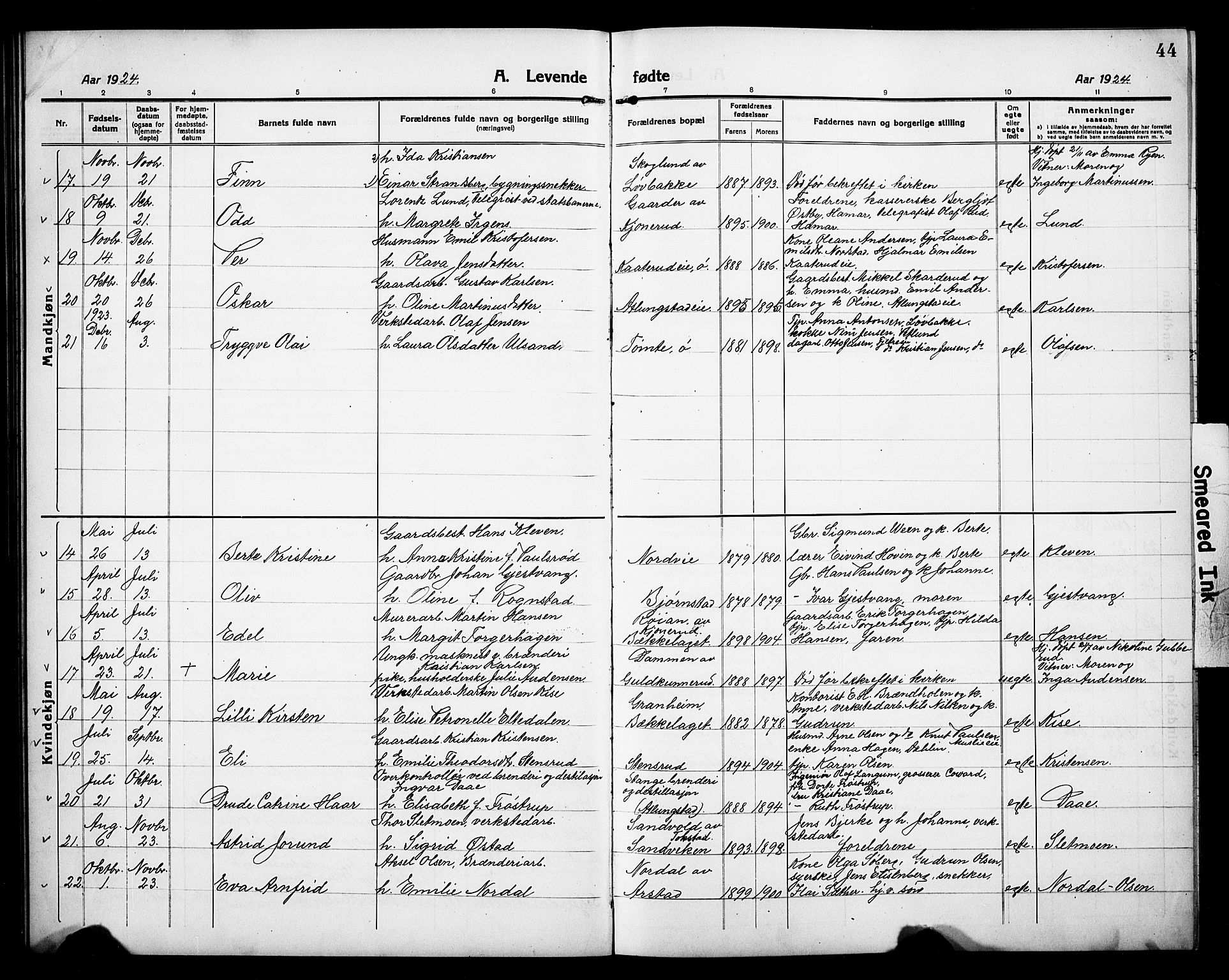 Stange prestekontor, AV/SAH-PREST-002/L/L0015: Parish register (copy) no. 15, 1916-1928, p. 44