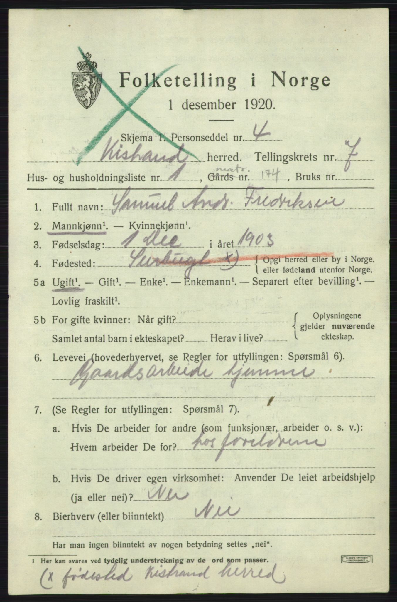 SATØ, 1920 census for Kistrand, 1920, p. 4250