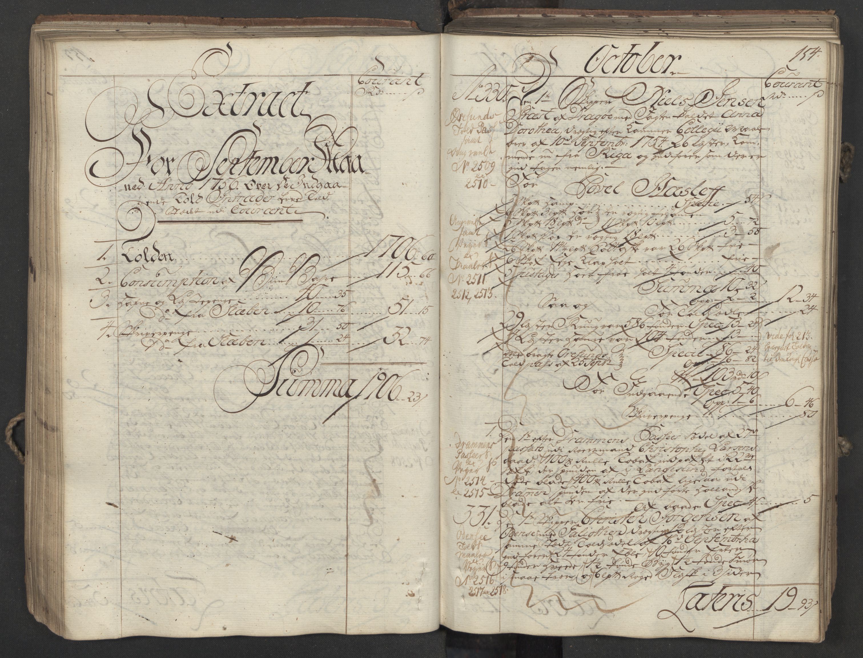 Generaltollkammeret, tollregnskaper, RA/EA-5490/R06/L0037/0001: Tollregnskaper Kristiania / Inngående hovedtollbok, 1756, p. 153b-154a