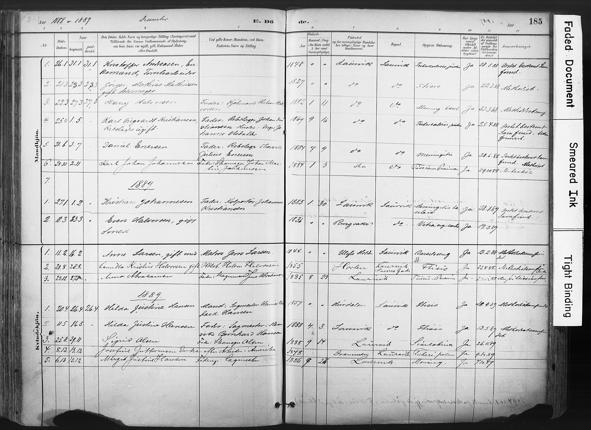 Larvik kirkebøker, SAKO/A-352/F/Fa/L0010: Parish register (official) no. I 10, 1884-1910, p. 185