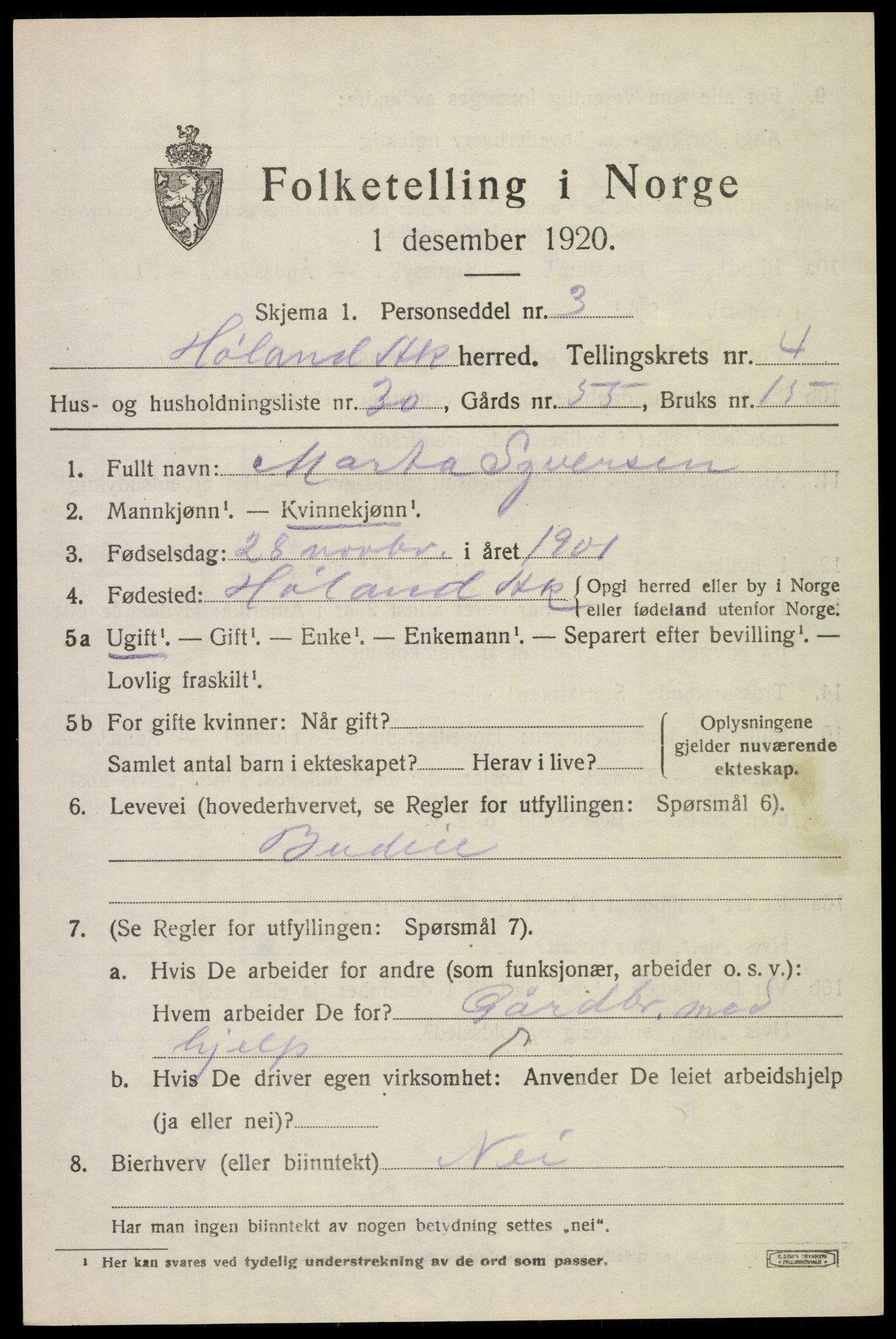 SAO, 1920 census for Høland, 1920, p. 6201