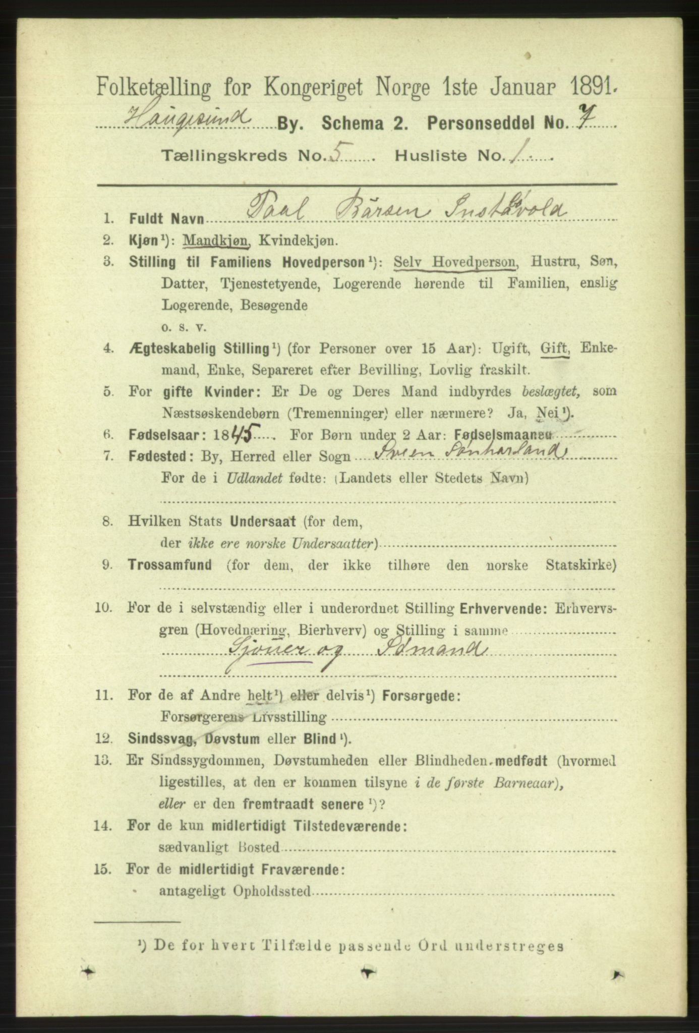 RA, 1891 census for 1106 Haugesund, 1891, p. 1939