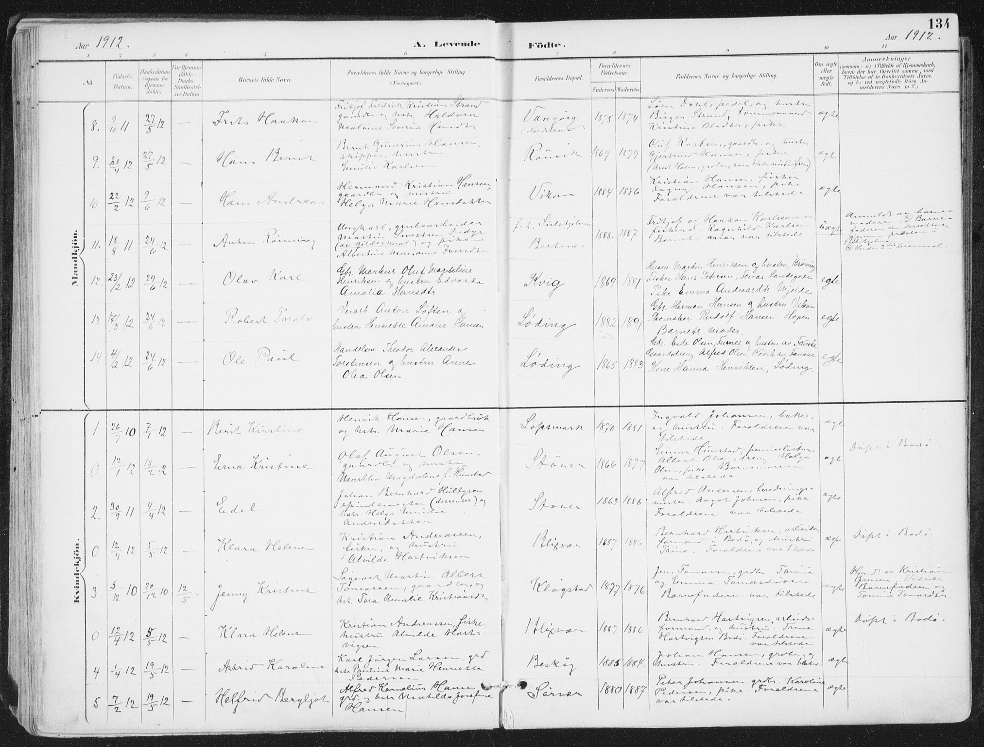 Ministerialprotokoller, klokkerbøker og fødselsregistre - Nordland, AV/SAT-A-1459/802/L0055: Parish register (official) no. 802A02, 1894-1915, p. 134