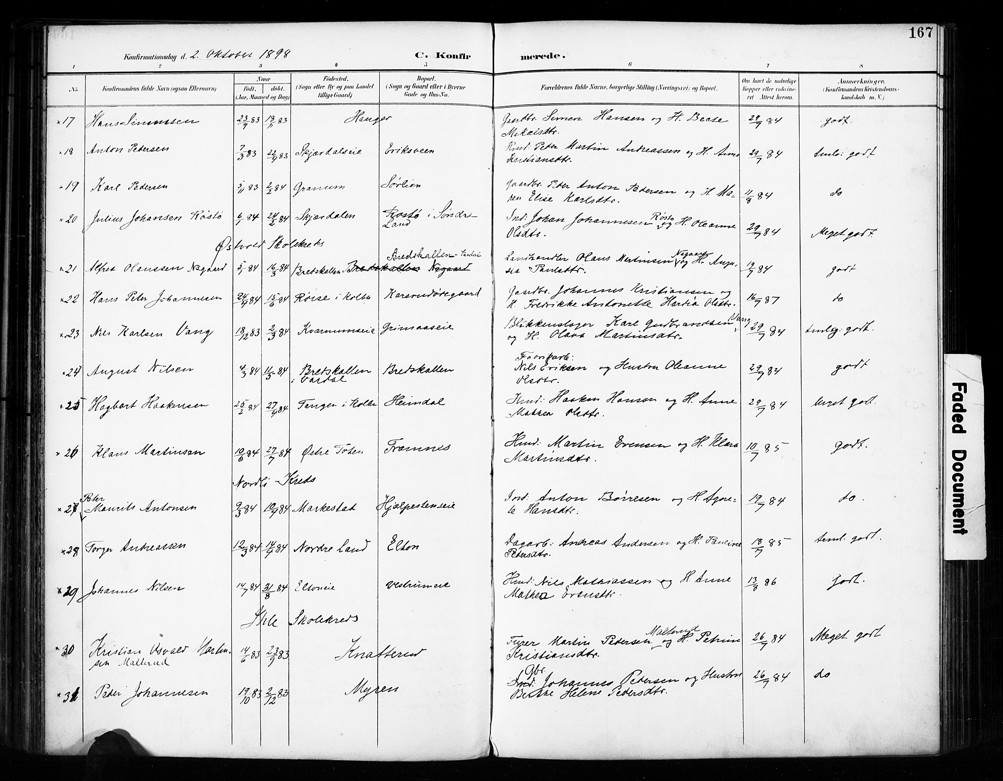 Vestre Toten prestekontor, SAH/PREST-108/H/Ha/Haa/L0011: Parish register (official) no. 11, 1895-1906, p. 167