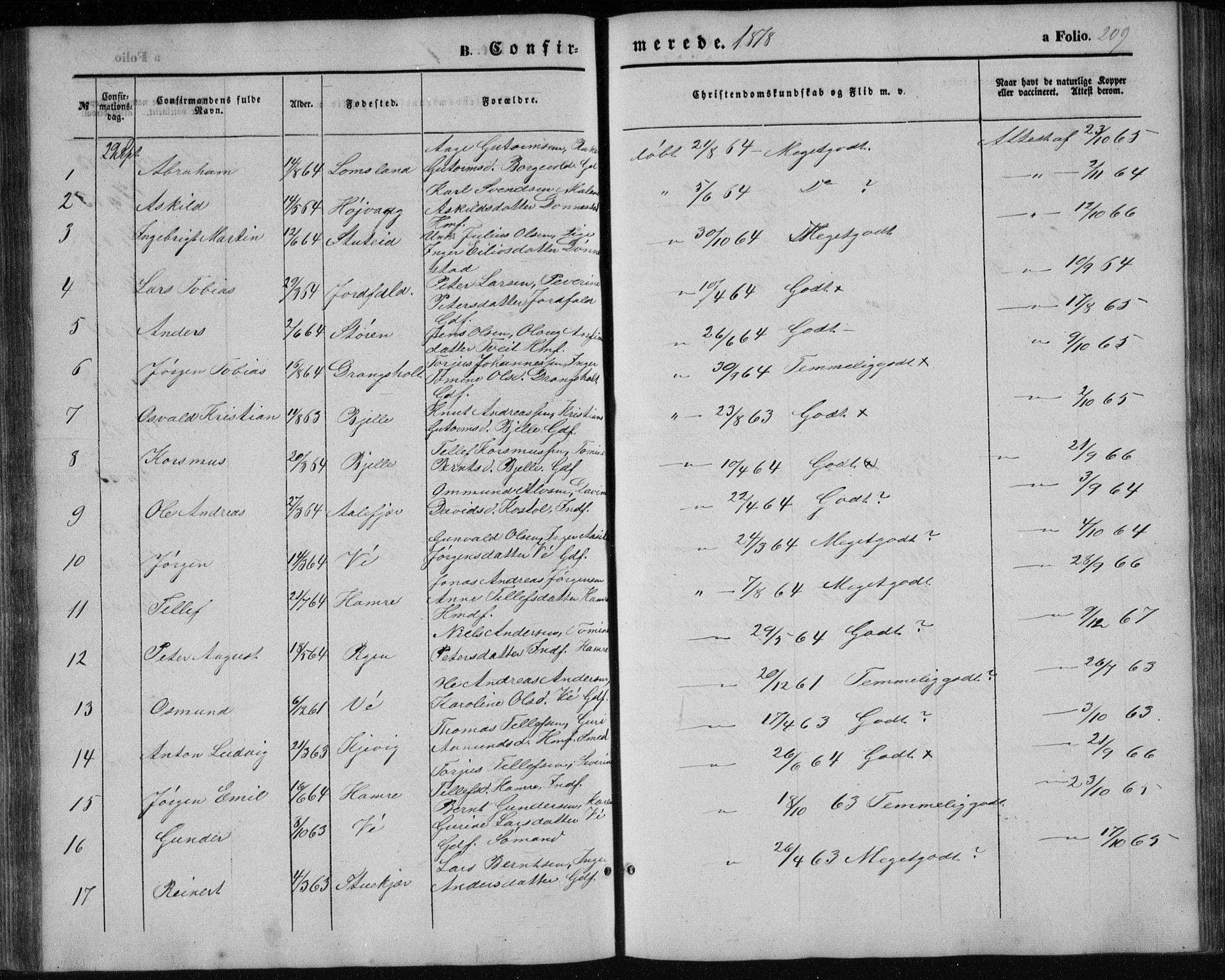 Tveit sokneprestkontor, AV/SAK-1111-0043/F/Fb/L0003: Parish register (copy) no. B 3, 1854-1886, p. 209