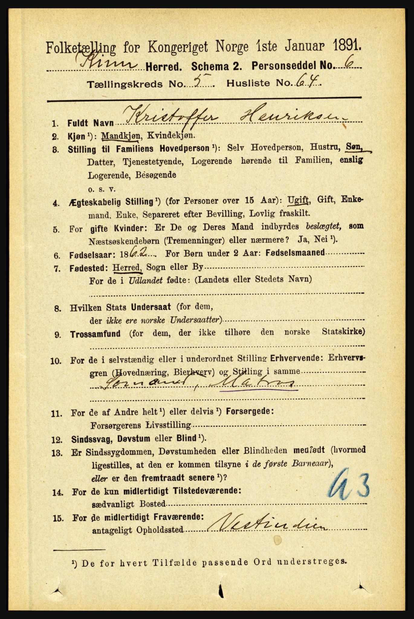 RA, 1891 census for 1437 Kinn, 1891, p. 2164