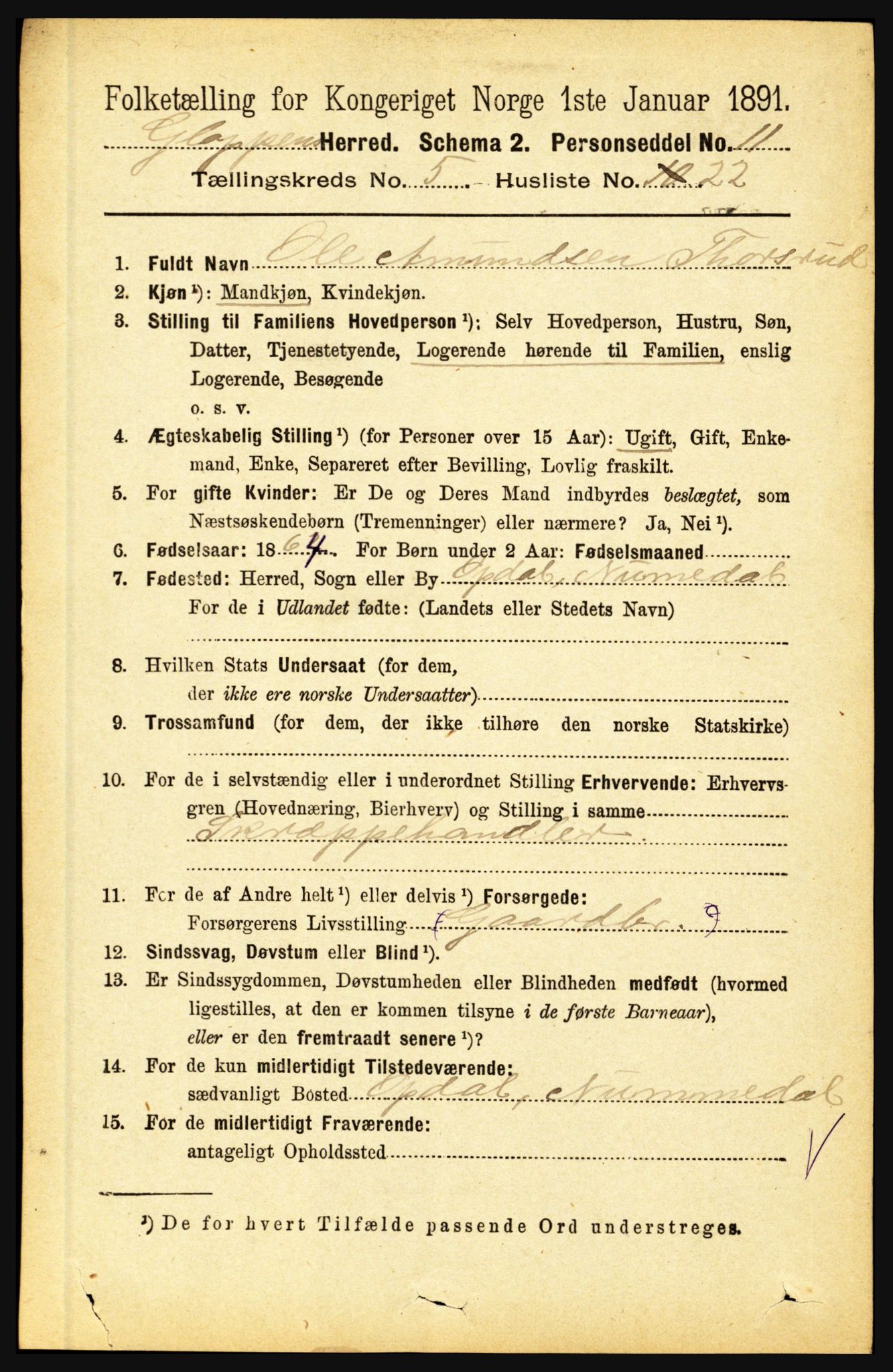 RA, 1891 census for 1445 Gloppen, 1891, p. 2205