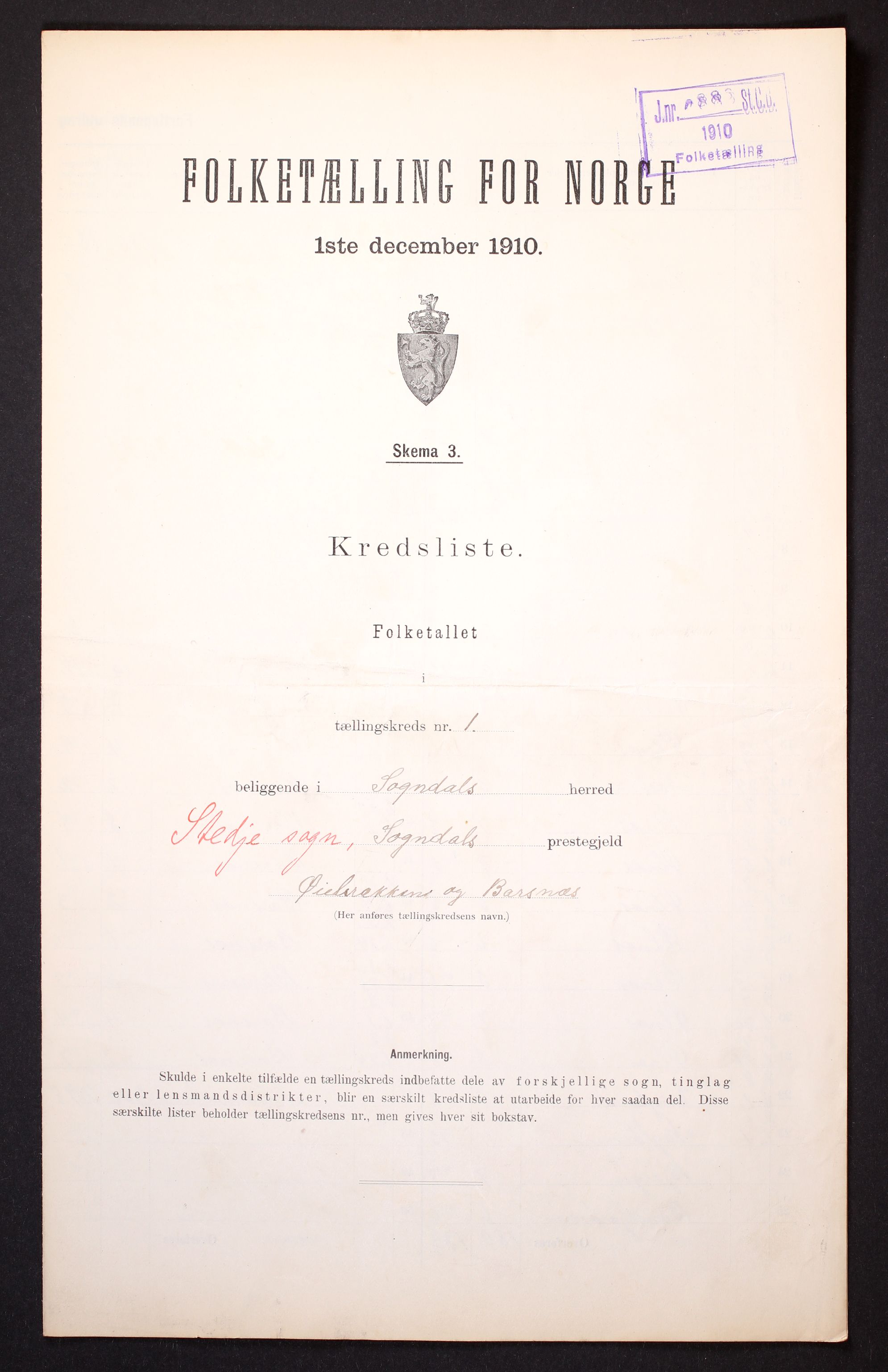 RA, 1910 census for Sogndal, 1910, p. 4