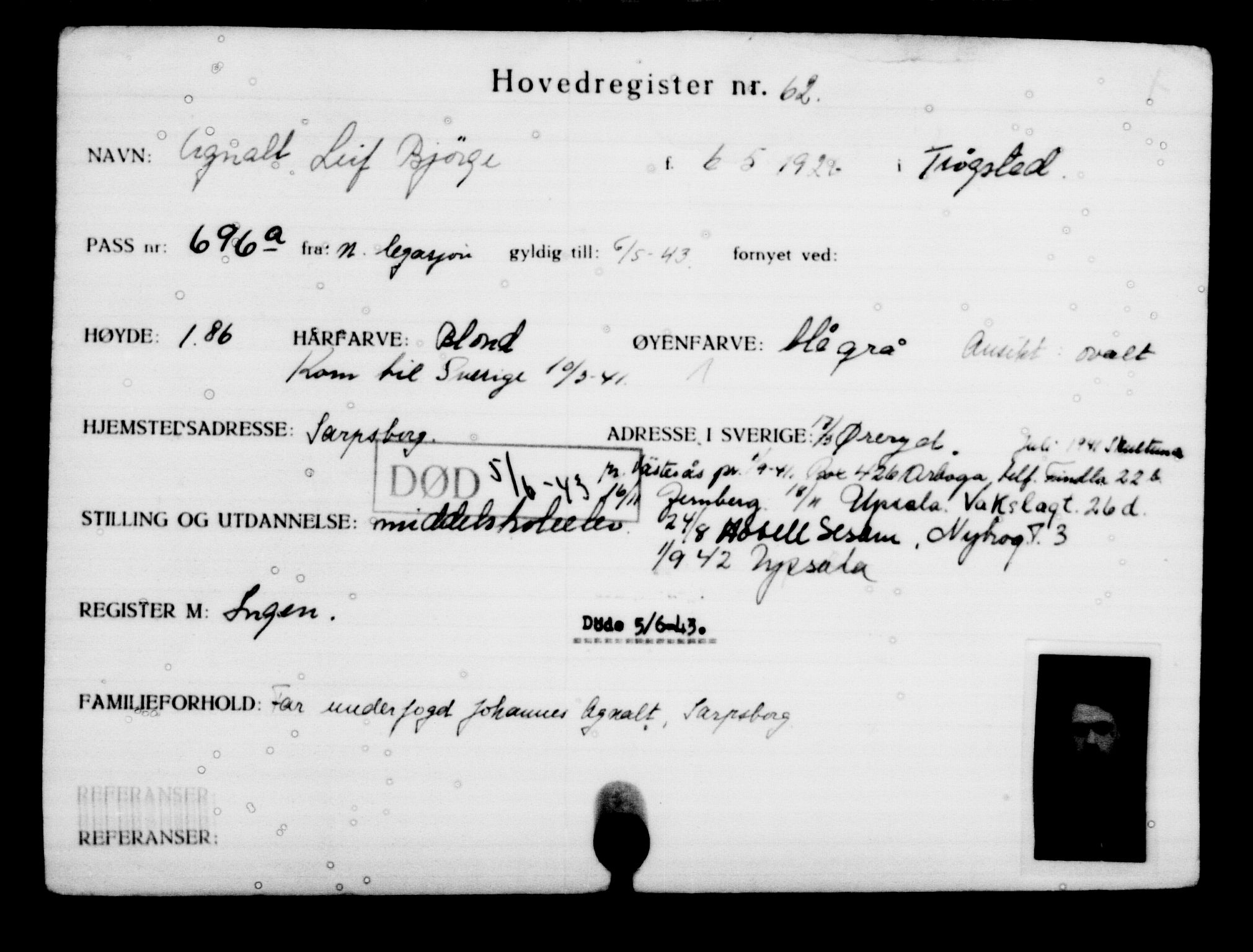 Utenriksstasjonene, Legasjonen i Stockholm, Flyktningkontoret, AV/RA-S-6753/V/Va/L0001: Kjesäterkartoteket, flyktninger med registreringsnr. 1-1000, 1940-1945, p. 107
