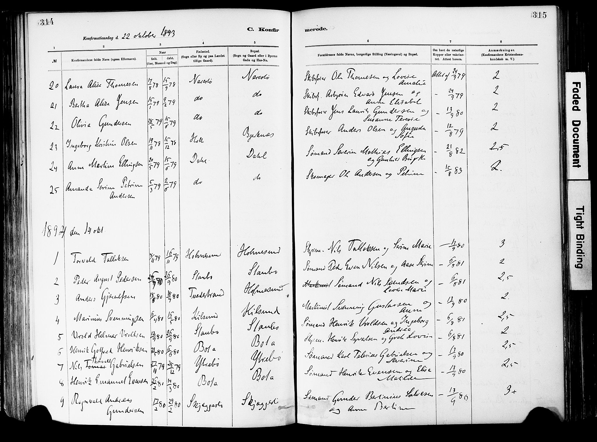 Dypvåg sokneprestkontor, SAK/1111-0007/F/Fa/Fab/L0001: Parish register (official) no. A 1, 1885-1912, p. 314-315