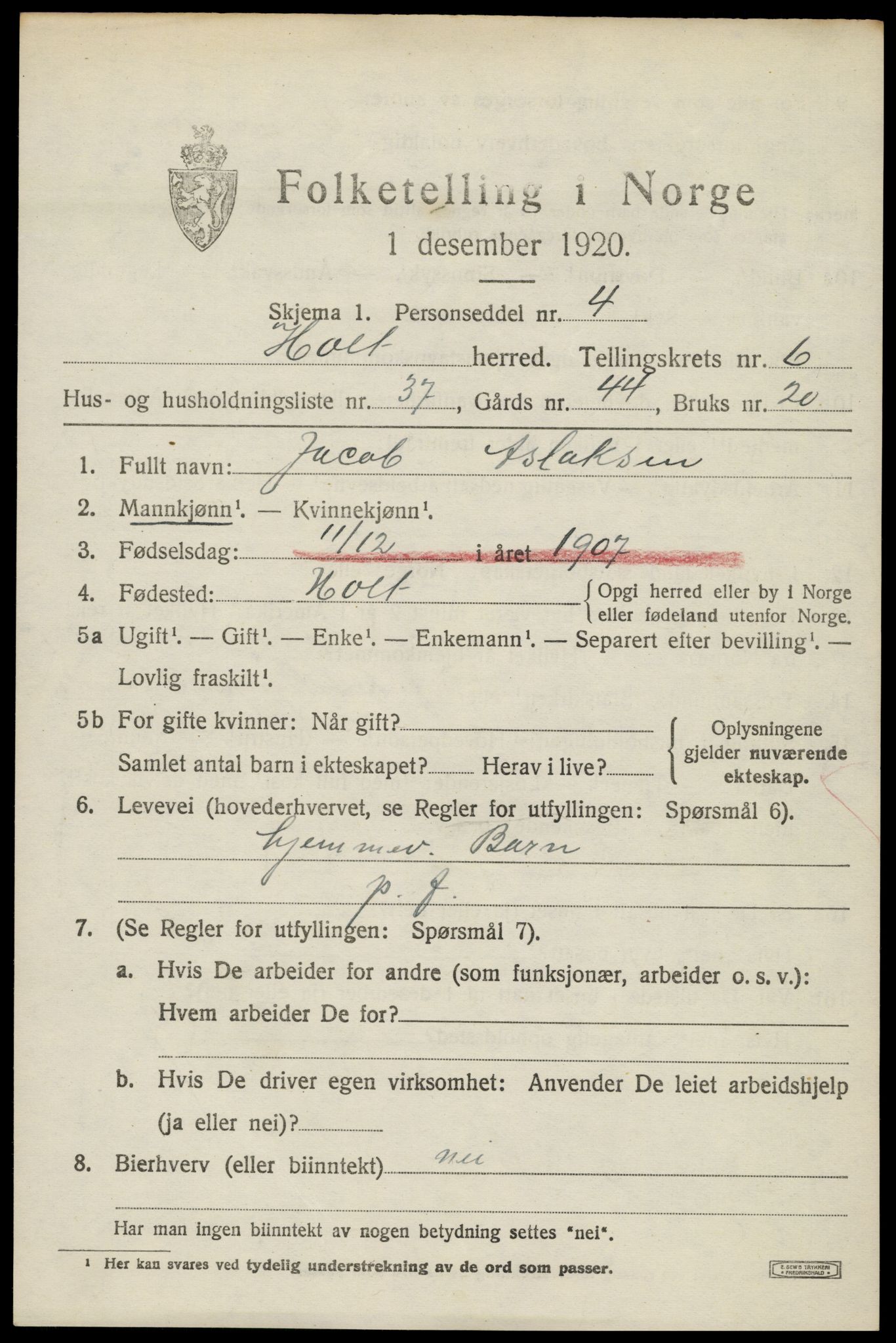 SAK, 1920 census for Holt, 1920, p. 4222