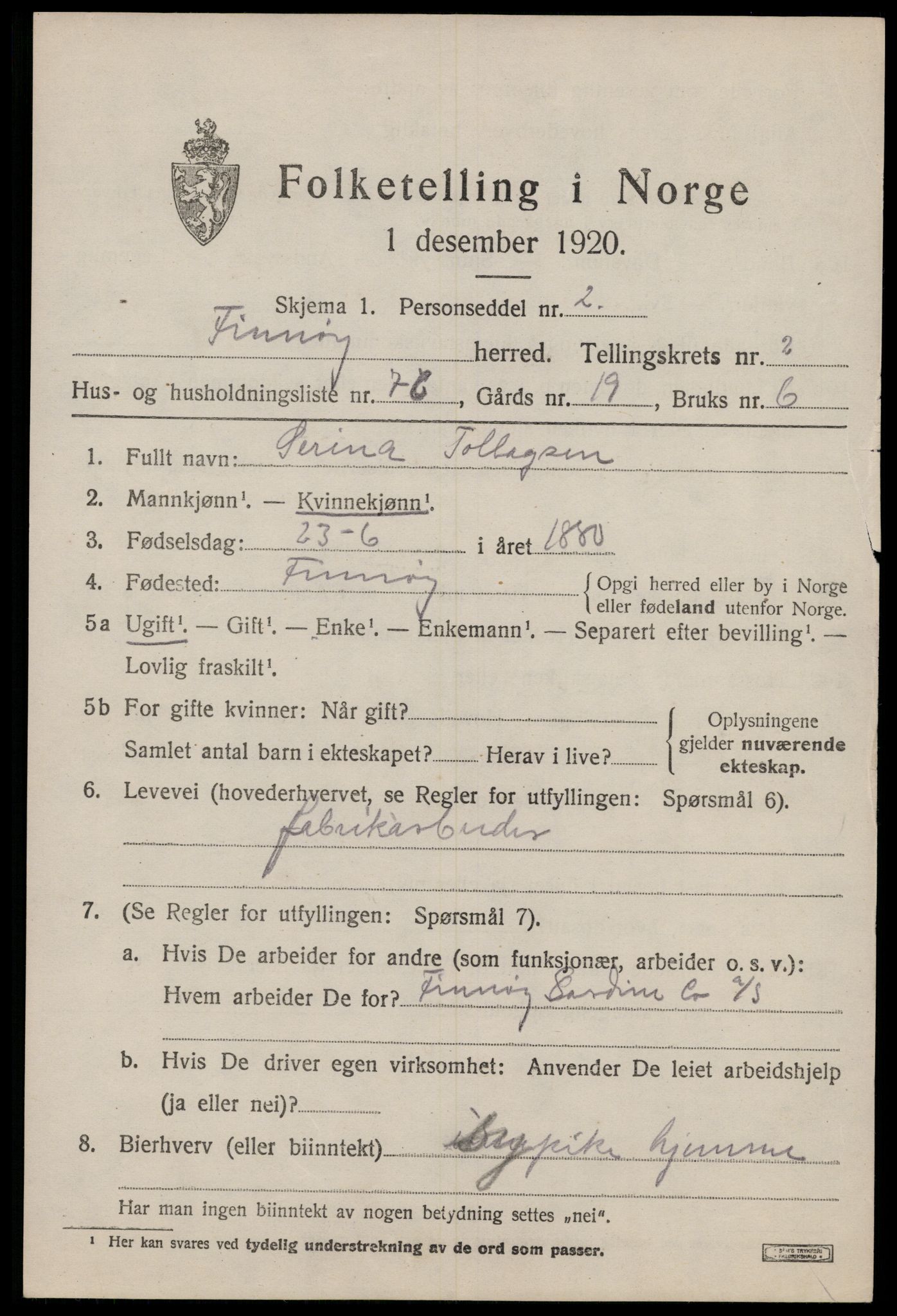 SAST, 1920 census for Finnøy, 1920, p. 2168