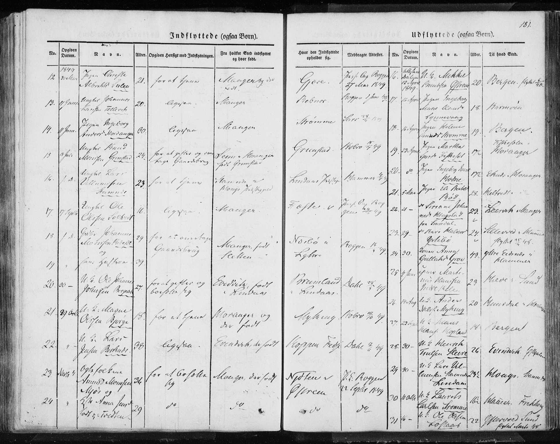 Lindås Sokneprestembete, AV/SAB-A-76701/H/Haa/Haaa/L0010: Parish register (official) no. A 10, 1842-1862, p. 181